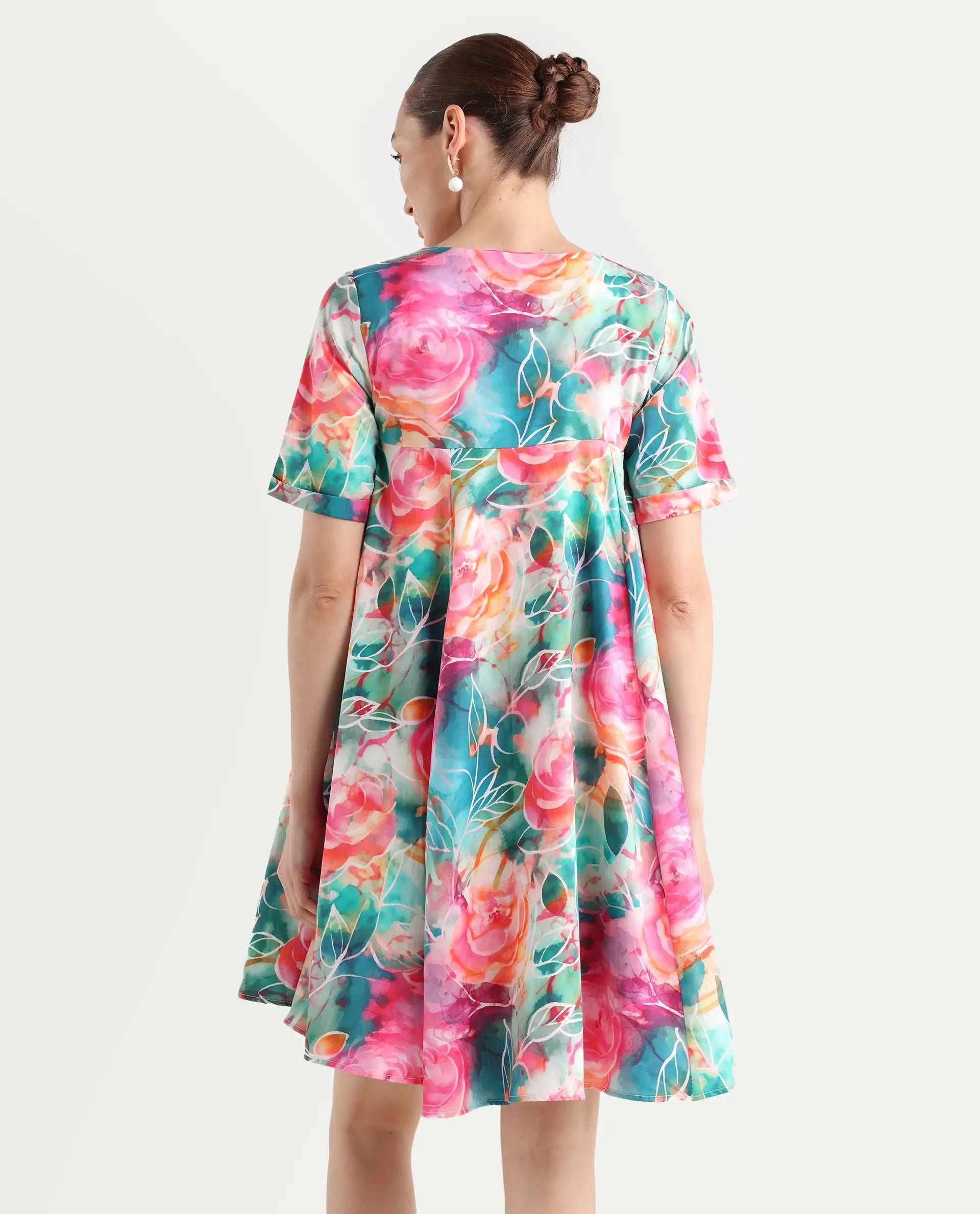 Rareism Women's Enderson Multi Cotton Crew Neck Floral Print Knee Length Fit And Flare Top