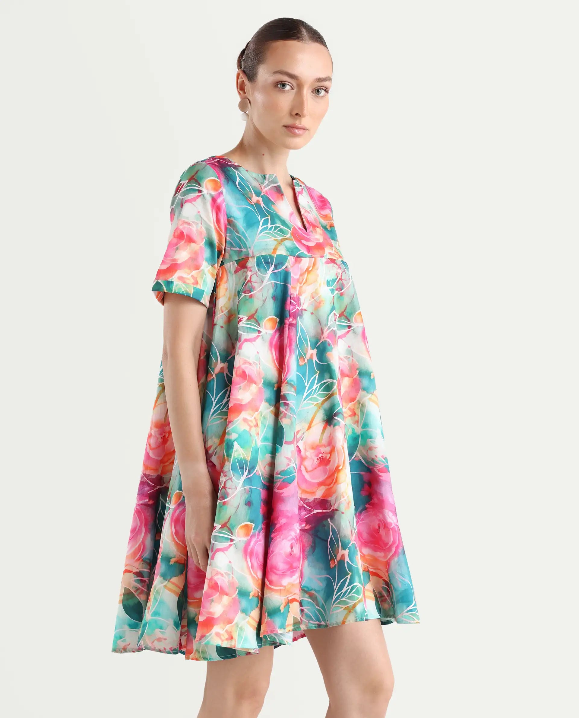 Rareism Women's Enderson Multi Cotton Crew Neck Floral Print Knee Length Fit And Flare Top