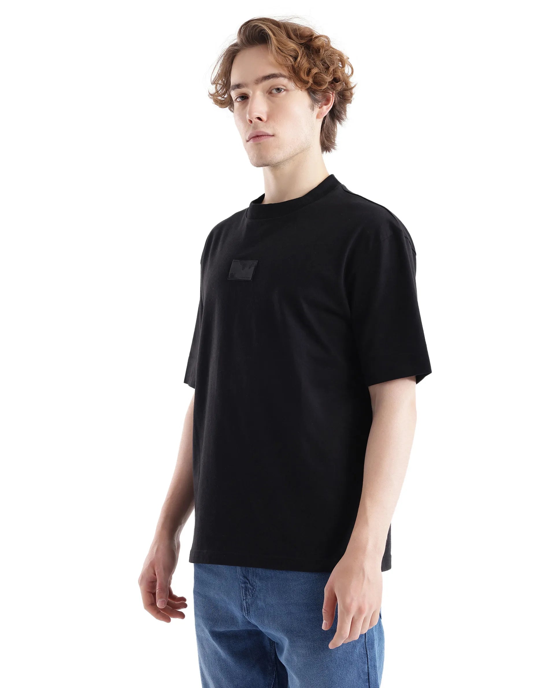 Rare Rabbit Men Endrol Black Cotton Fabric Short Sleeve Boxy Fit Typography Back Printed T-Shirt