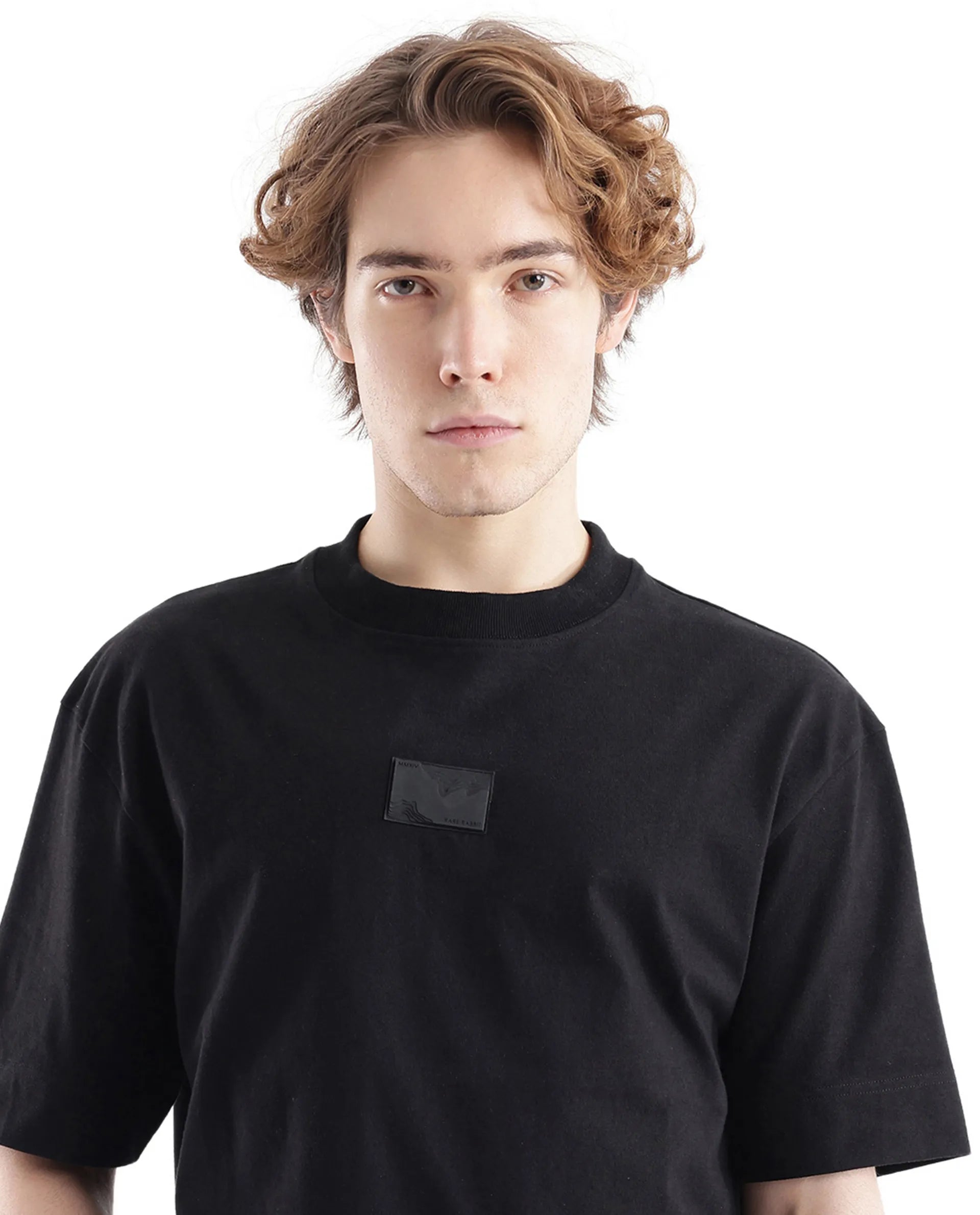 Rare Rabbit Men Endrol Black Cotton Fabric Short Sleeve Boxy Fit Typography Back Printed T-Shirt