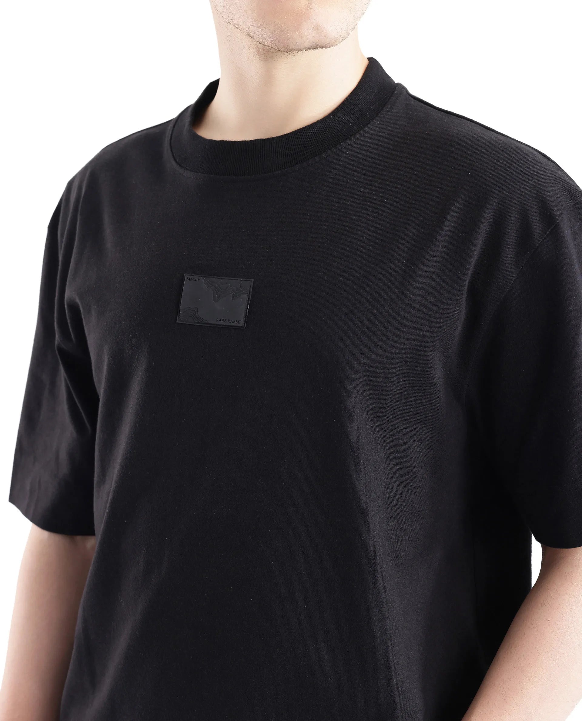 Rare Rabbit Men Endrol Black Cotton Fabric Short Sleeve Boxy Fit Typography Back Printed T-Shirt