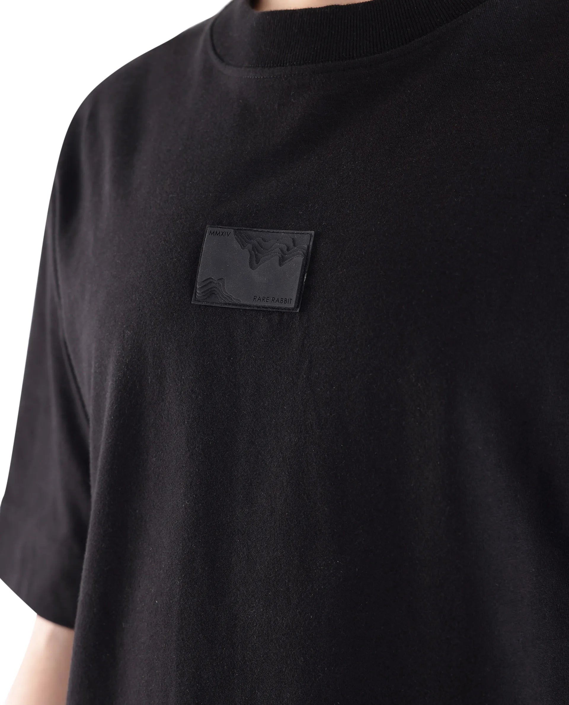 Rare Rabbit Men Endrol Black Cotton Fabric Short Sleeve Boxy Fit Typography Back Printed T-Shirt