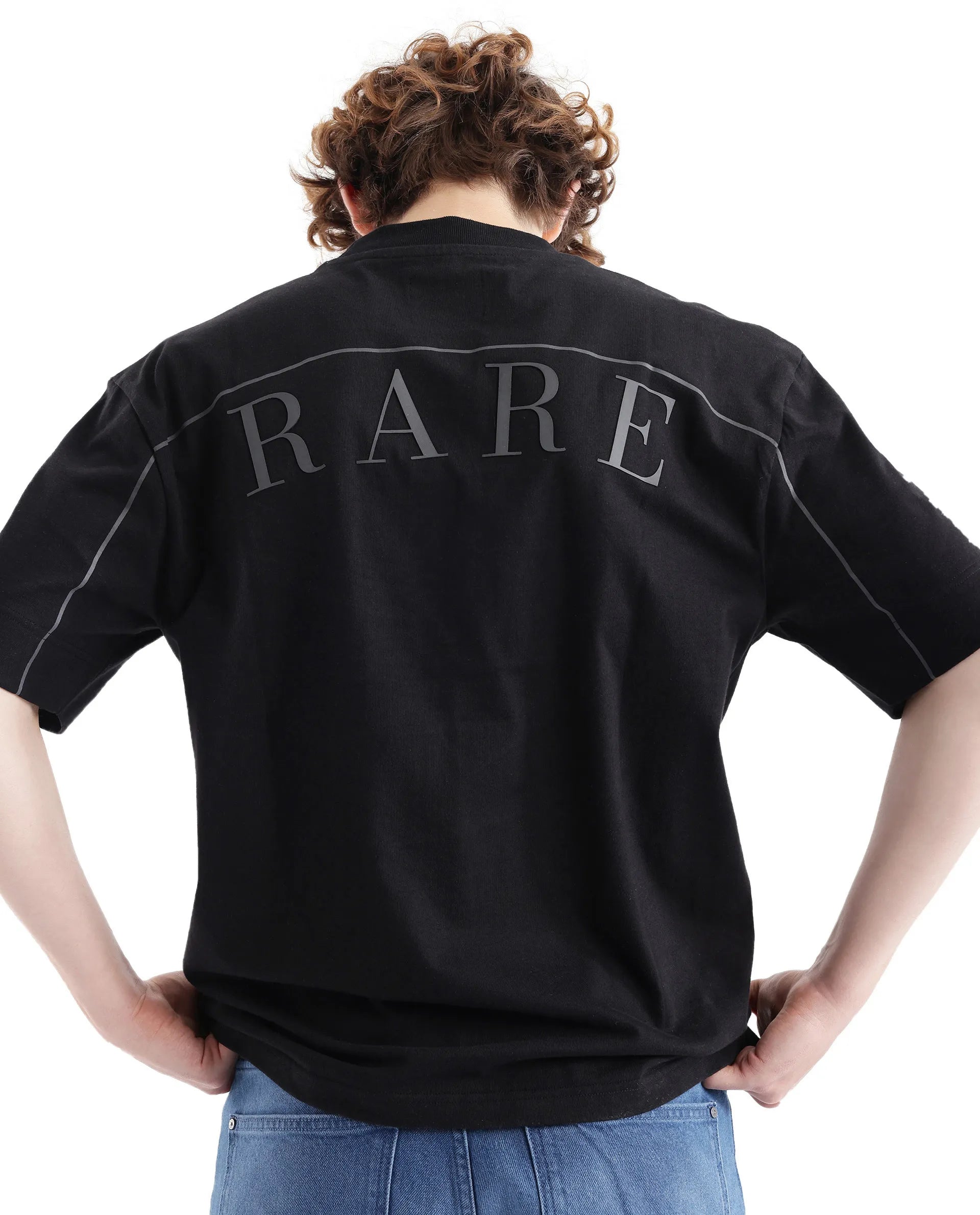 Rare Rabbit Men Endrol Black Cotton Fabric Short Sleeve Boxy Fit Typography Back Printed T-Shirt