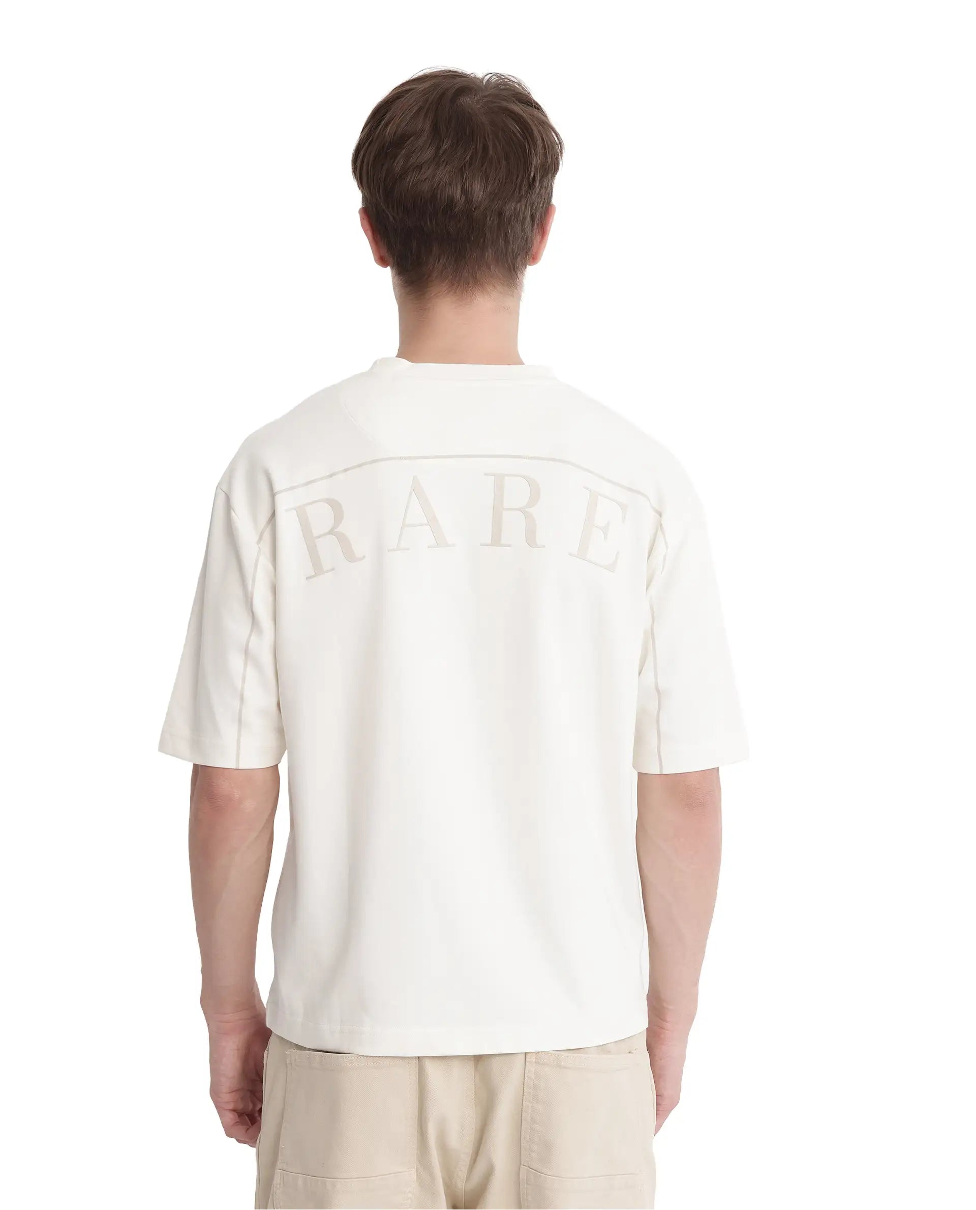 Rare Rabbit Men Endy Off White Cotton Poly Fabric Short Sleeve Boxy Fit Silicone Badge Branding T-Shirt