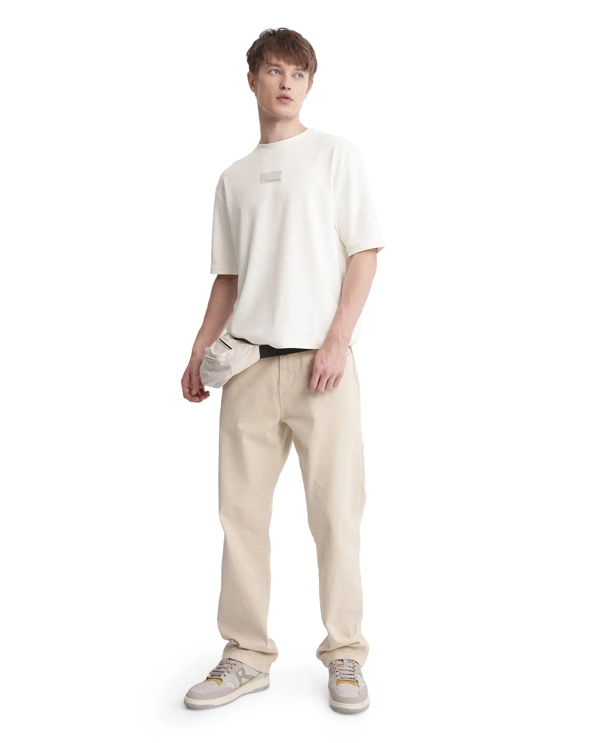 Rare Rabbit Men Endy Off White Cotton Poly Fabric Short Sleeve Boxy Fit Silicone Badge Branding T-Shirt