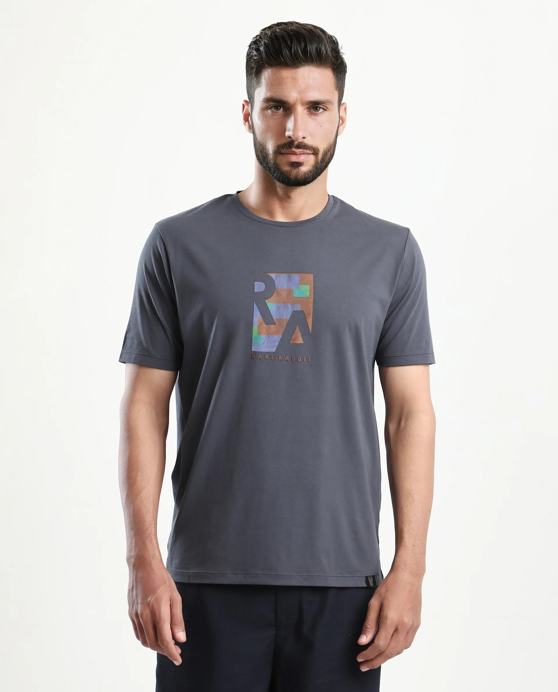 Rare Rabbit Men's Ene Dark Grey Cotton Blend Graphic Print Regular Fit Half Sleeve Crew Neck T-Shirt