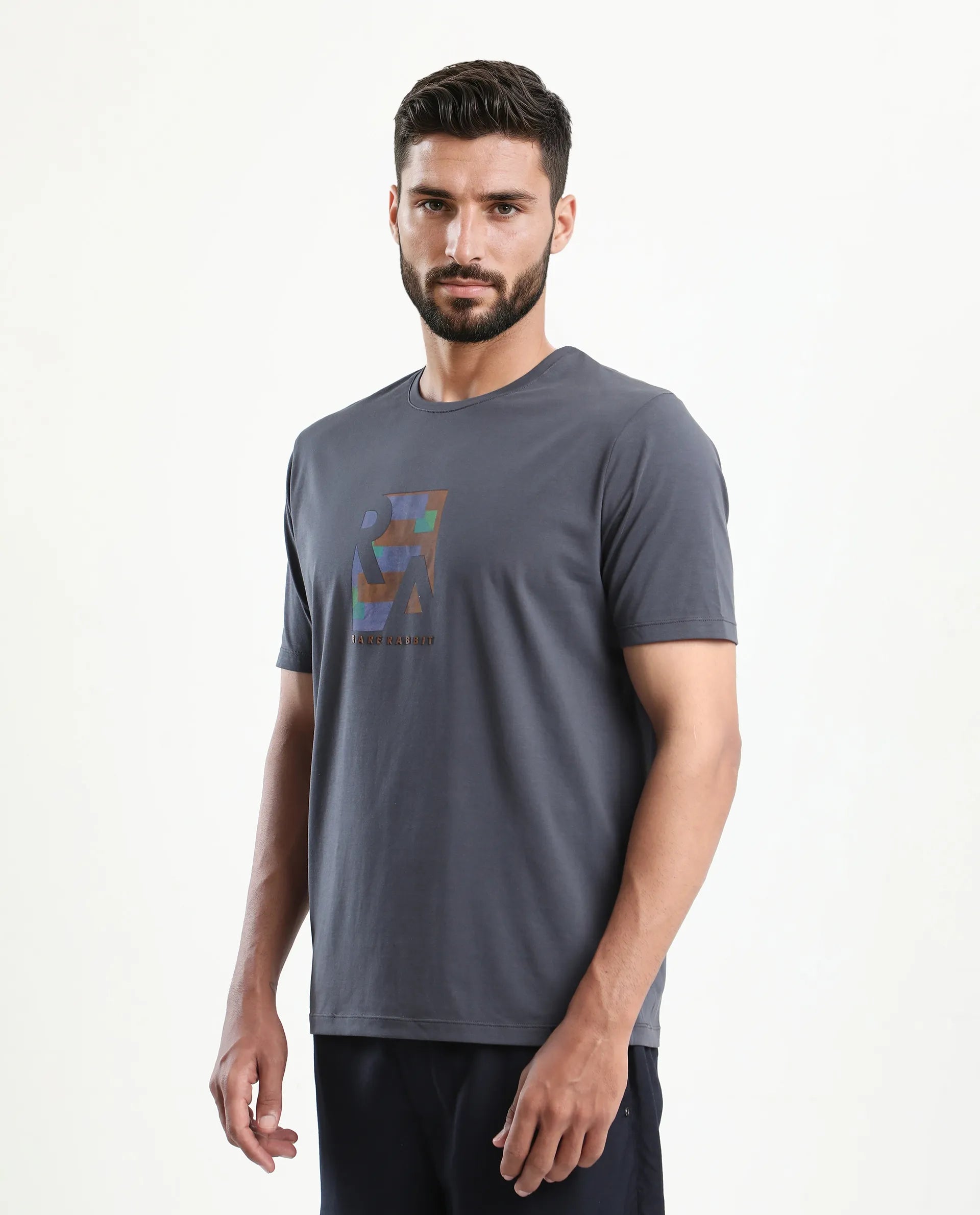 Rare Rabbit Men's Ene Dark Grey Cotton Blend Graphic Print Regular Fit Half Sleeve Crew Neck T-Shirt