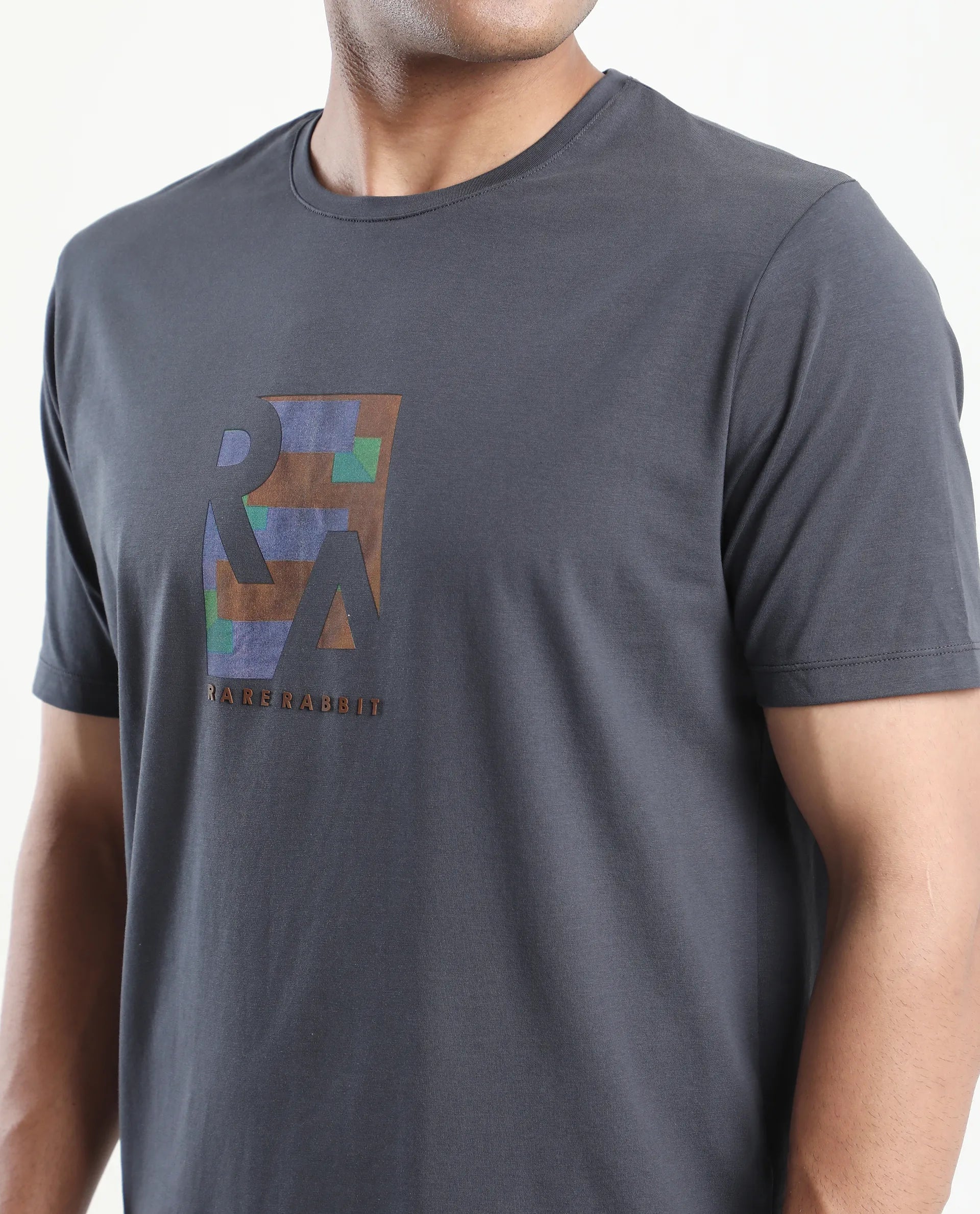 Rare Rabbit Men's Ene Dark Grey Cotton Blend Graphic Print Regular Fit Half Sleeve Crew Neck T-Shirt