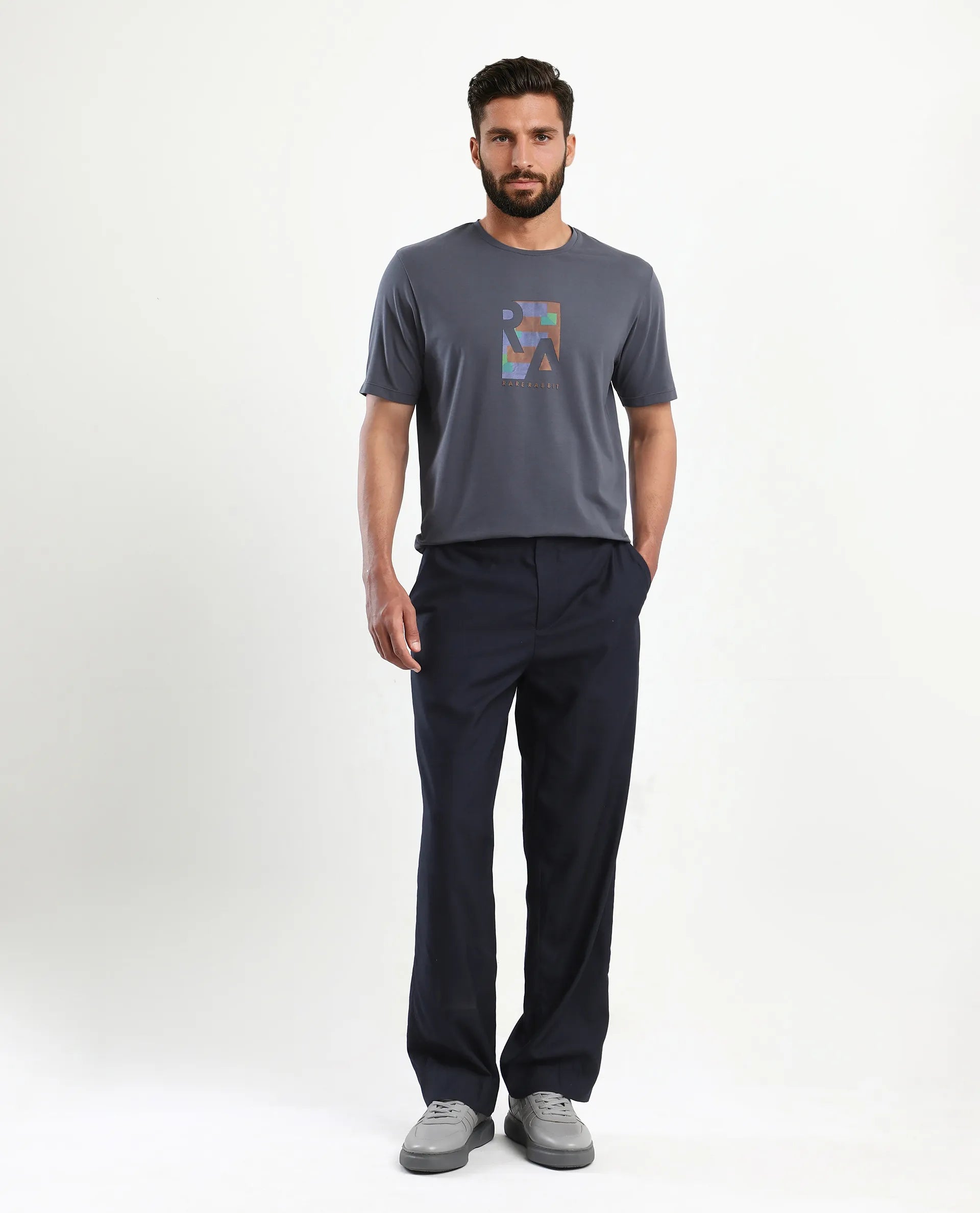 Rare Rabbit Men's Ene Dark Grey Cotton Blend Graphic Print Regular Fit Half Sleeve Crew Neck T-Shirt