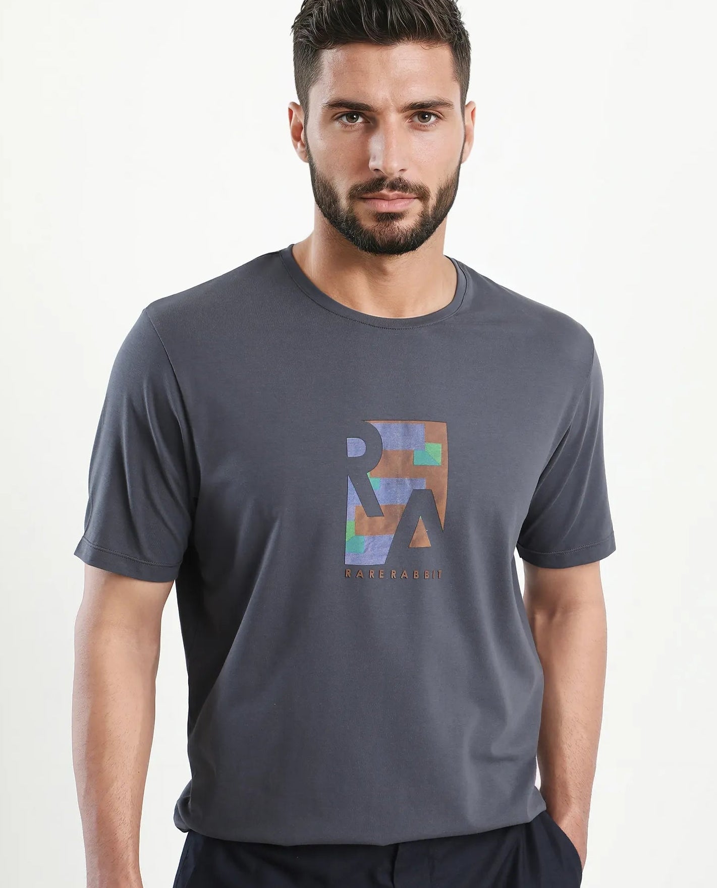 Rare Rabbit Men's Ene Dark Grey Cotton Blend Graphic Print Regular Fit Half Sleeve Crew Neck T-Shirt