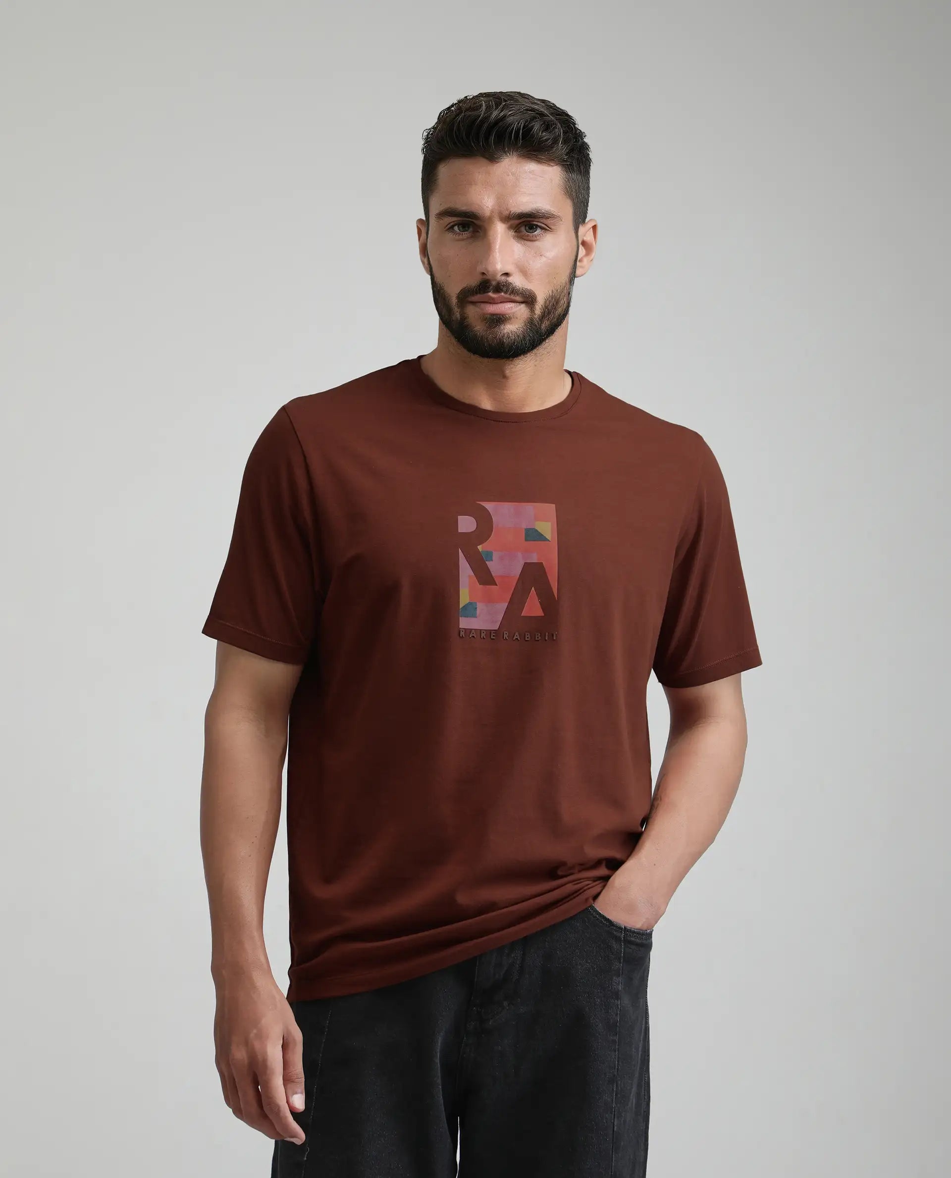 Rare Rabbit Men's Ene Rust Cotton Blend Graphic Print Regular Fit Half Sleeve Crew Neck T-Shirt
