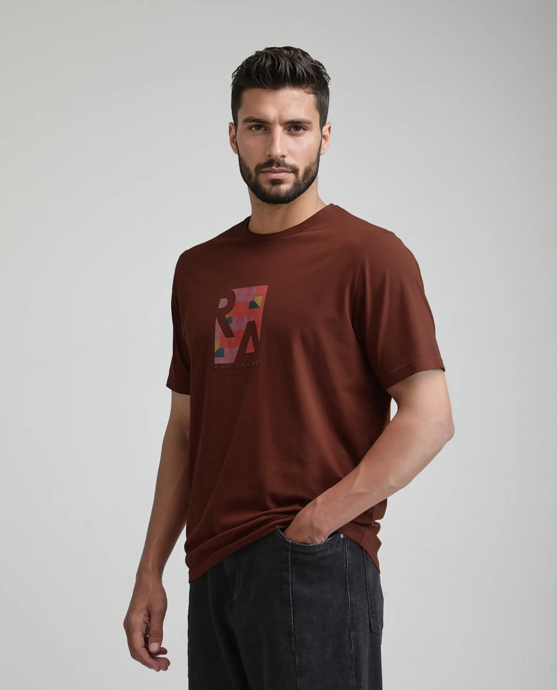 Rare Rabbit Men's Ene Rust Cotton Blend Graphic Print Regular Fit Half Sleeve Crew Neck T-Shirt