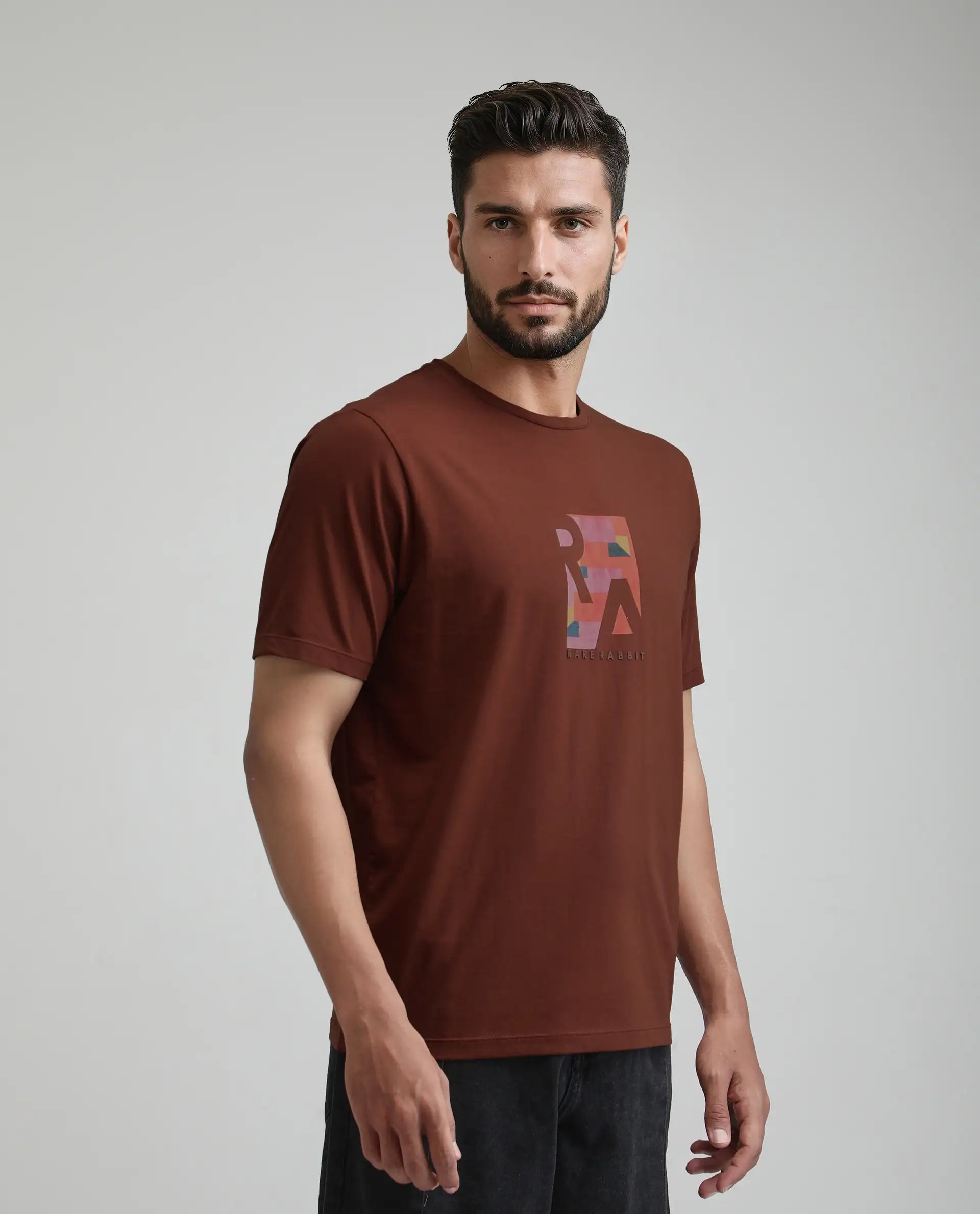 Rare Rabbit Men's Ene Rust Cotton Blend Graphic Print Regular Fit Half Sleeve Crew Neck T-Shirt