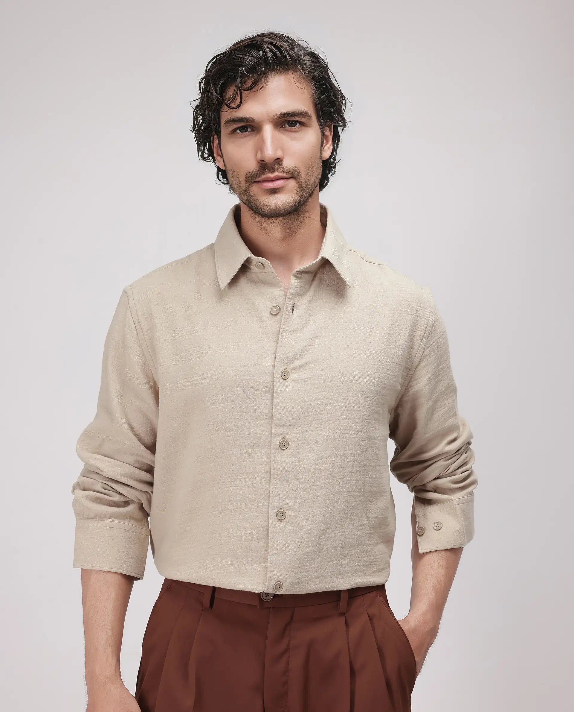 Rare Rabbit Men's Enim Beige Cotton Fabric Full Sleeve Spread Collar Button Closure Relaxed Fit Plain Shirt