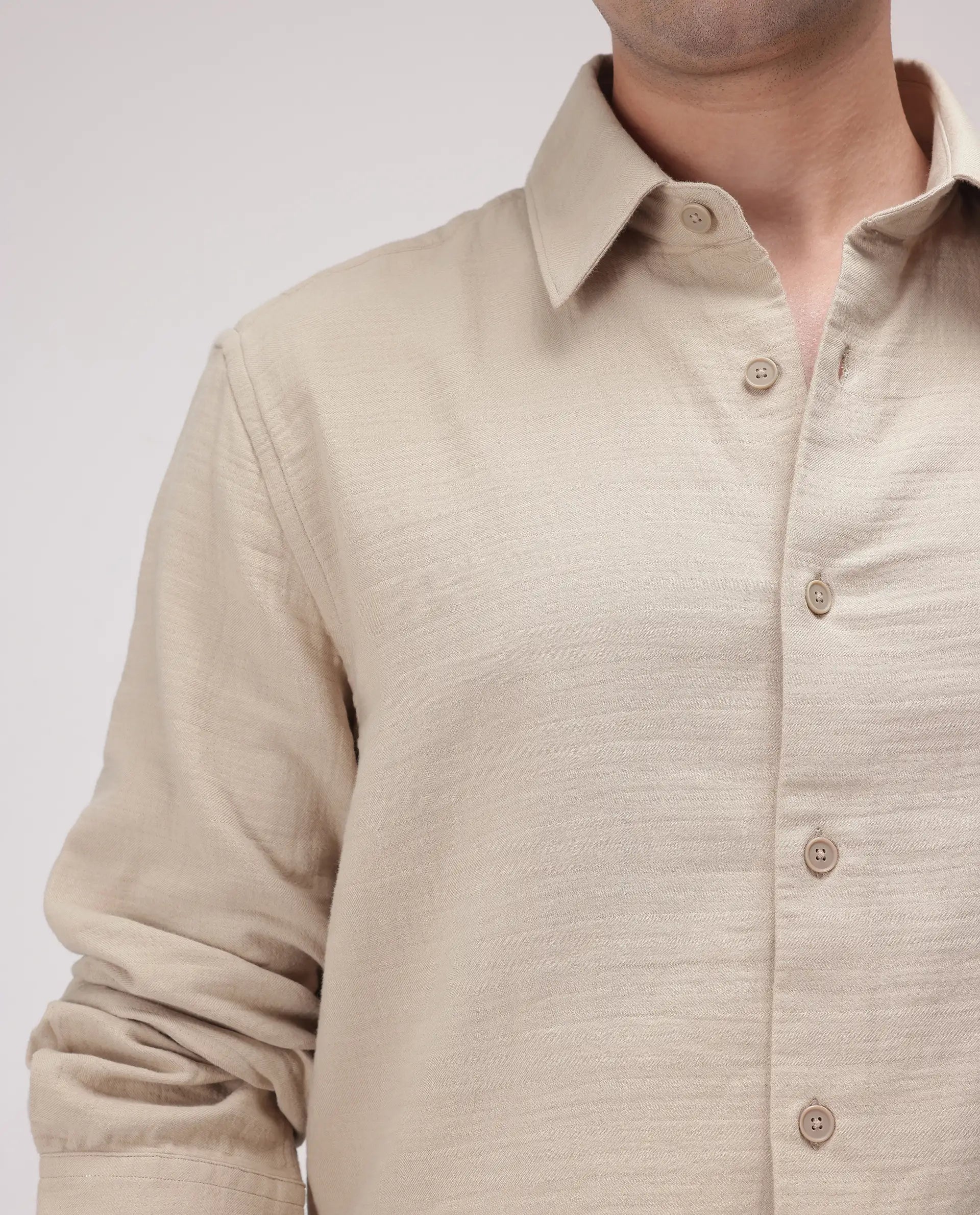 Rare Rabbit Men's Enim Beige Cotton Fabric Full Sleeve Spread Collar Button Closure Relaxed Fit Plain Shirt