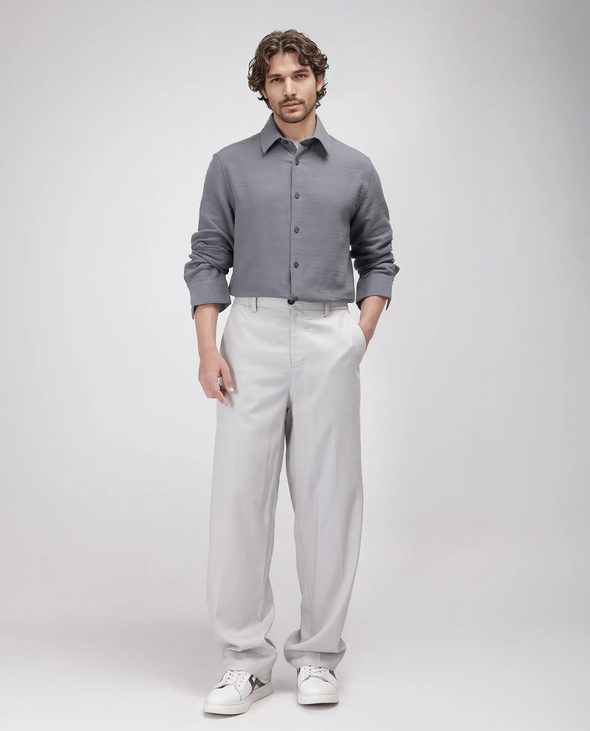 Rare Rabbit Men's Enim Dark Grey Cotton Fabric Full Sleeve Spread Collar Button Closure Plain Shirt