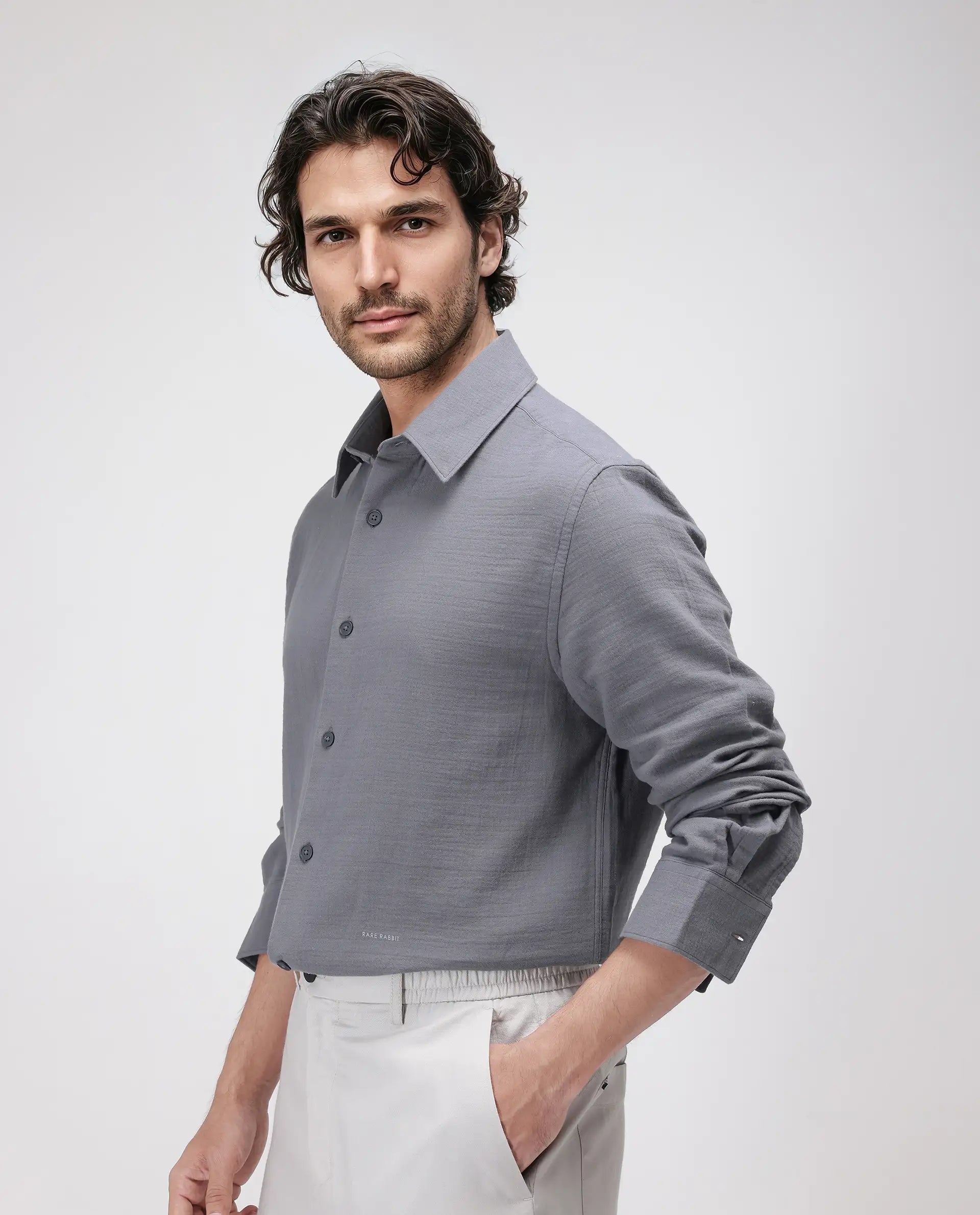 Rare Rabbit Men's Enim Dark Grey Cotton Fabric Full Sleeve Spread Collar Button Closure Plain Shirt