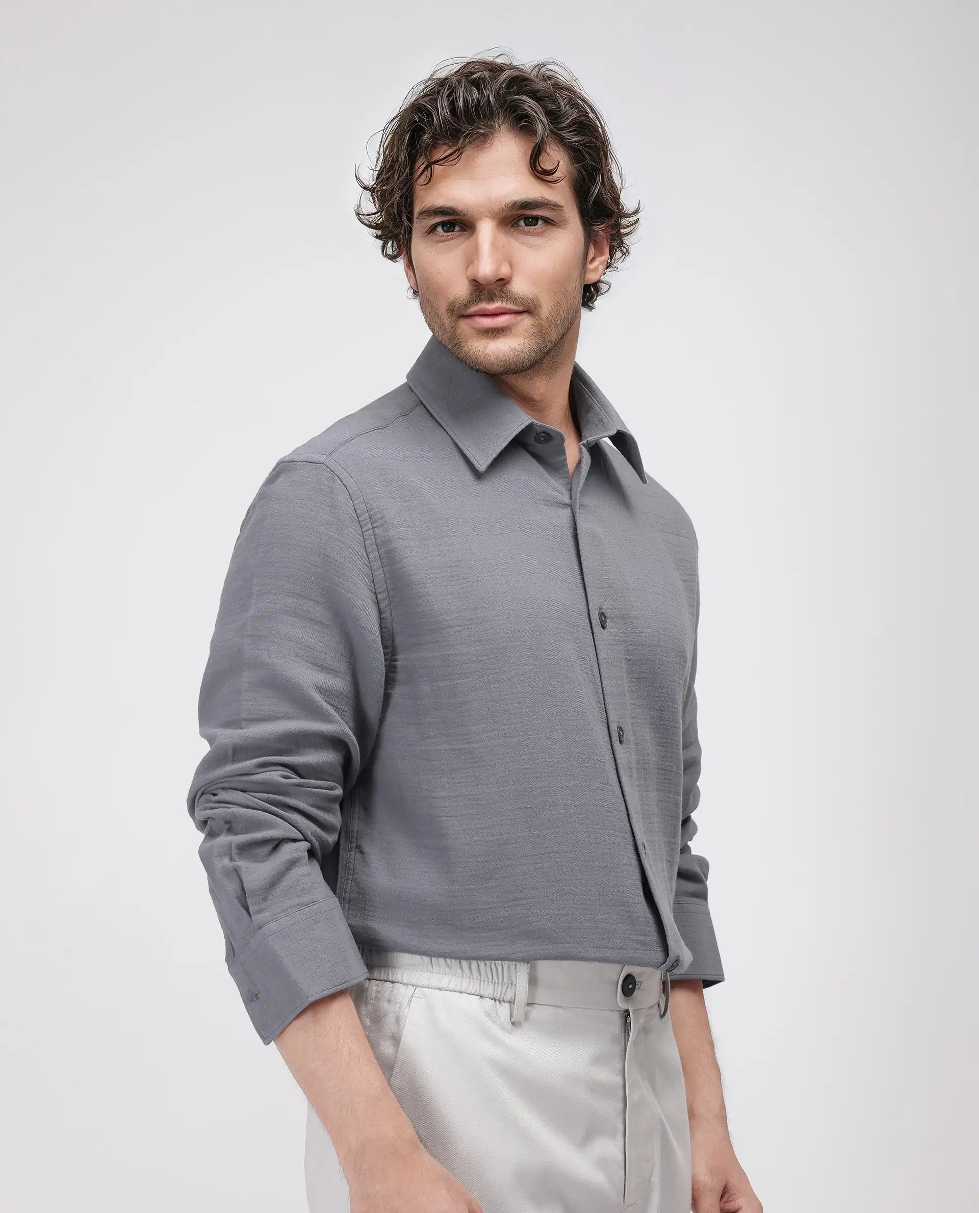 Rare Rabbit Men's Enim Dark Grey Cotton Fabric Full Sleeve Spread Collar Button Closure Plain Shirt