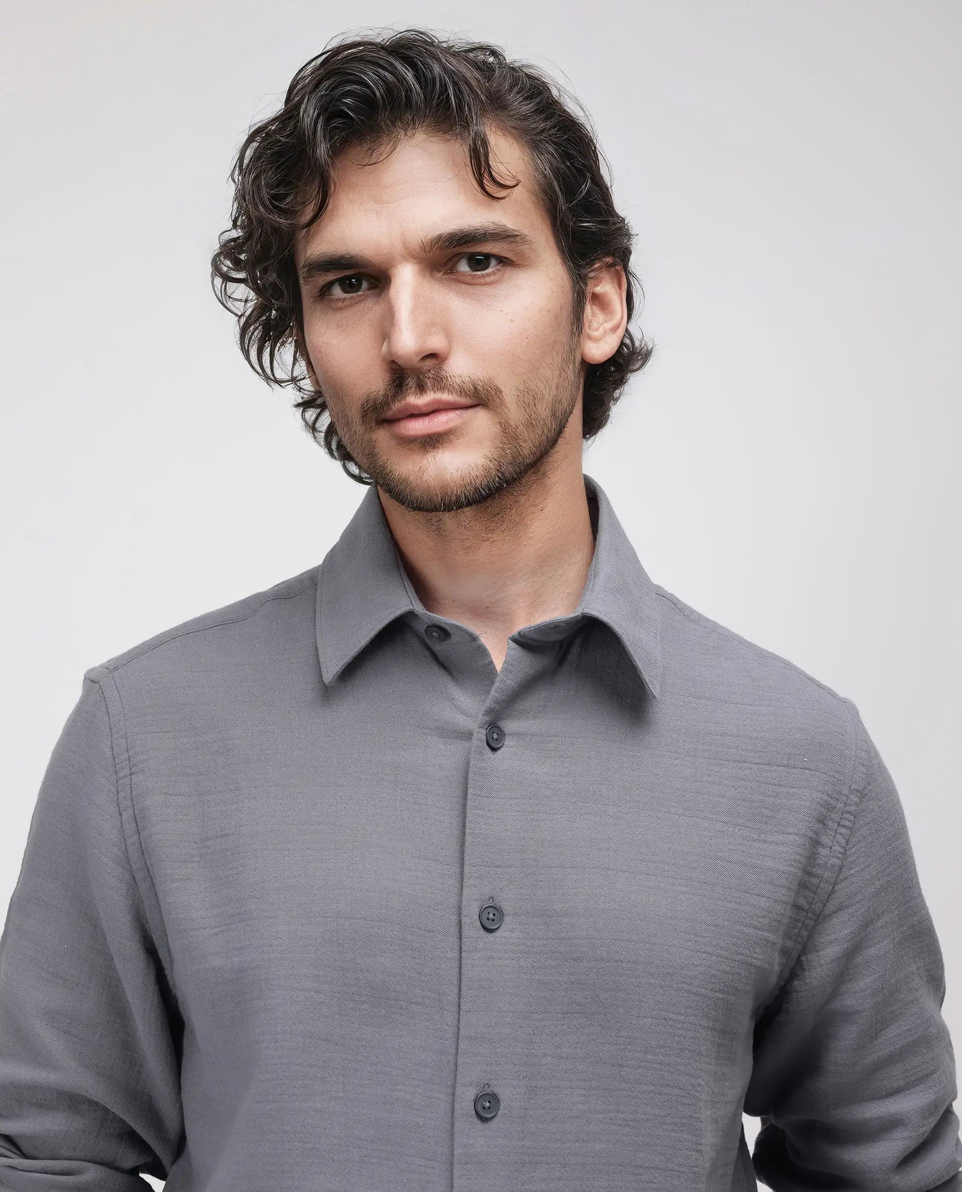 Rare Rabbit Men's Enim Dark Grey Cotton Fabric Full Sleeve Spread Collar Button Closure Plain Shirt