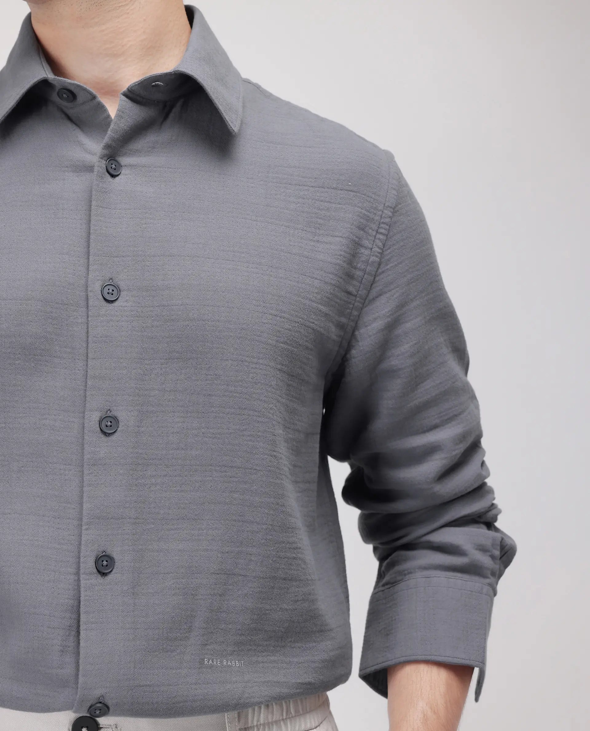 Rare Rabbit Men's Enim Dark Grey Cotton Fabric Full Sleeve Spread Collar Button Closure Plain Shirt