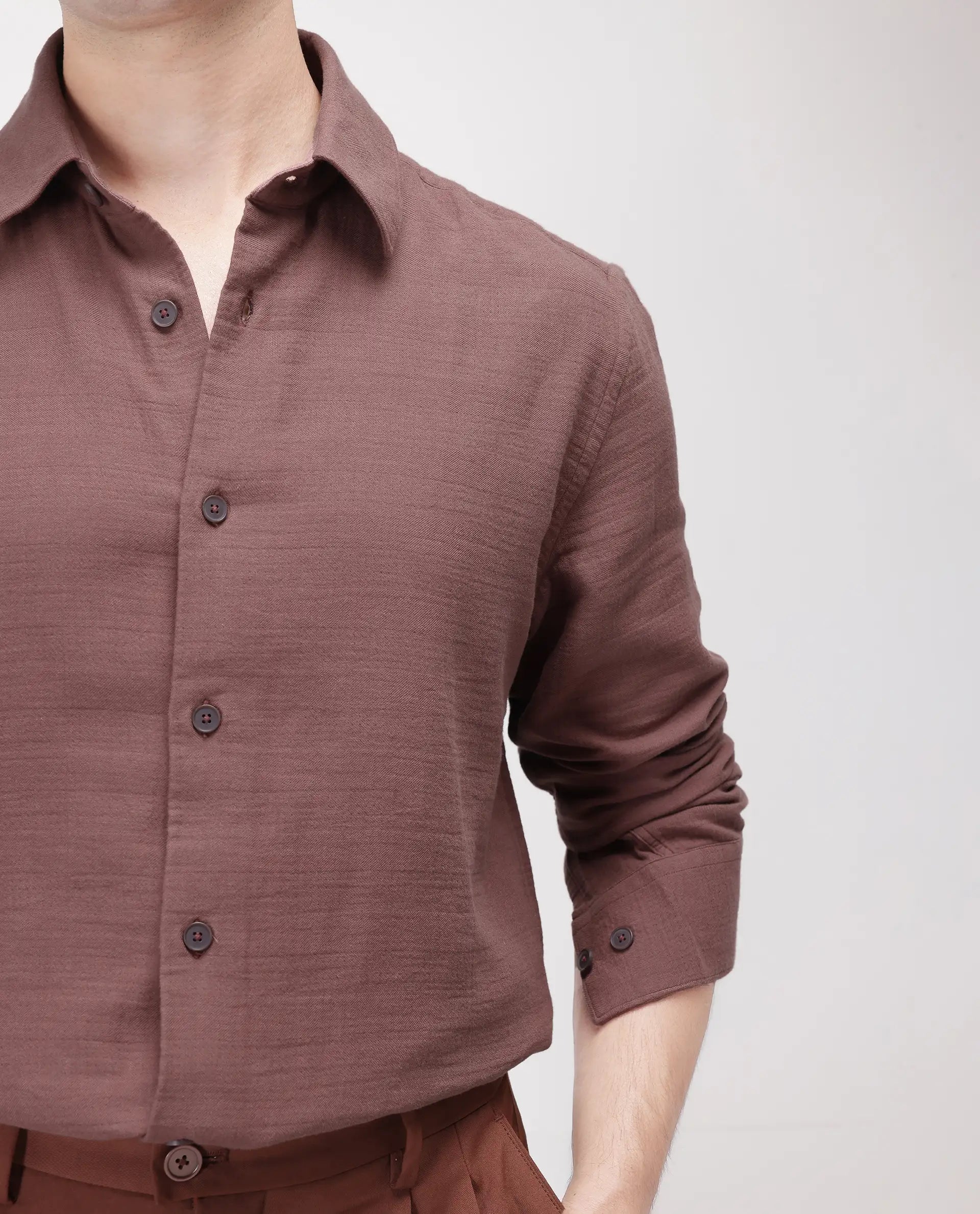 Rare Rabbit Men's Enim Dusky Maroon Cotton Fabric Full Sleeve Spread Collar Button Closure Relaxed Fit Plain Shirt