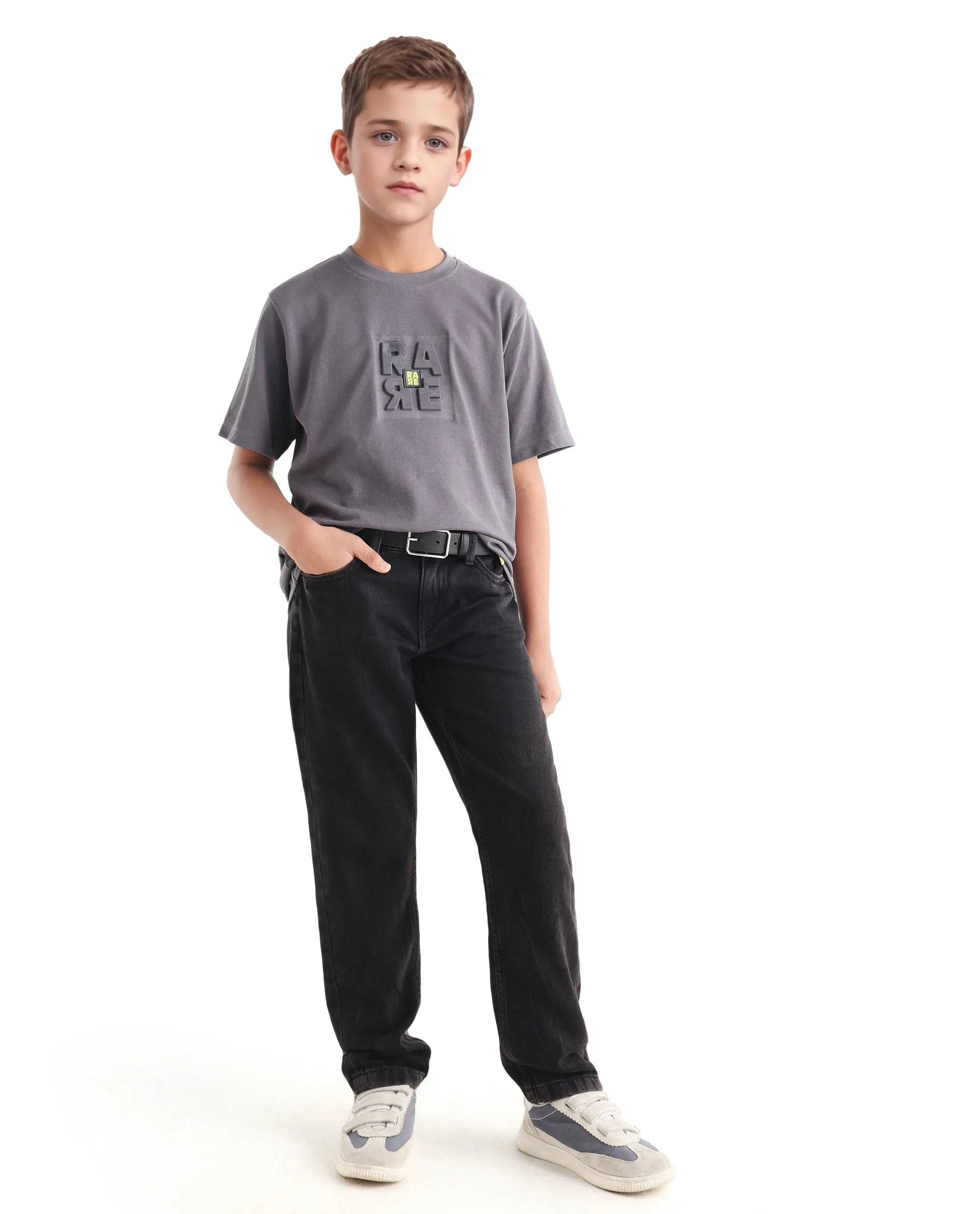 Rare Ones Kids Enim-K Grey Cotton Button Closure Plain Regular Fit Jeans
