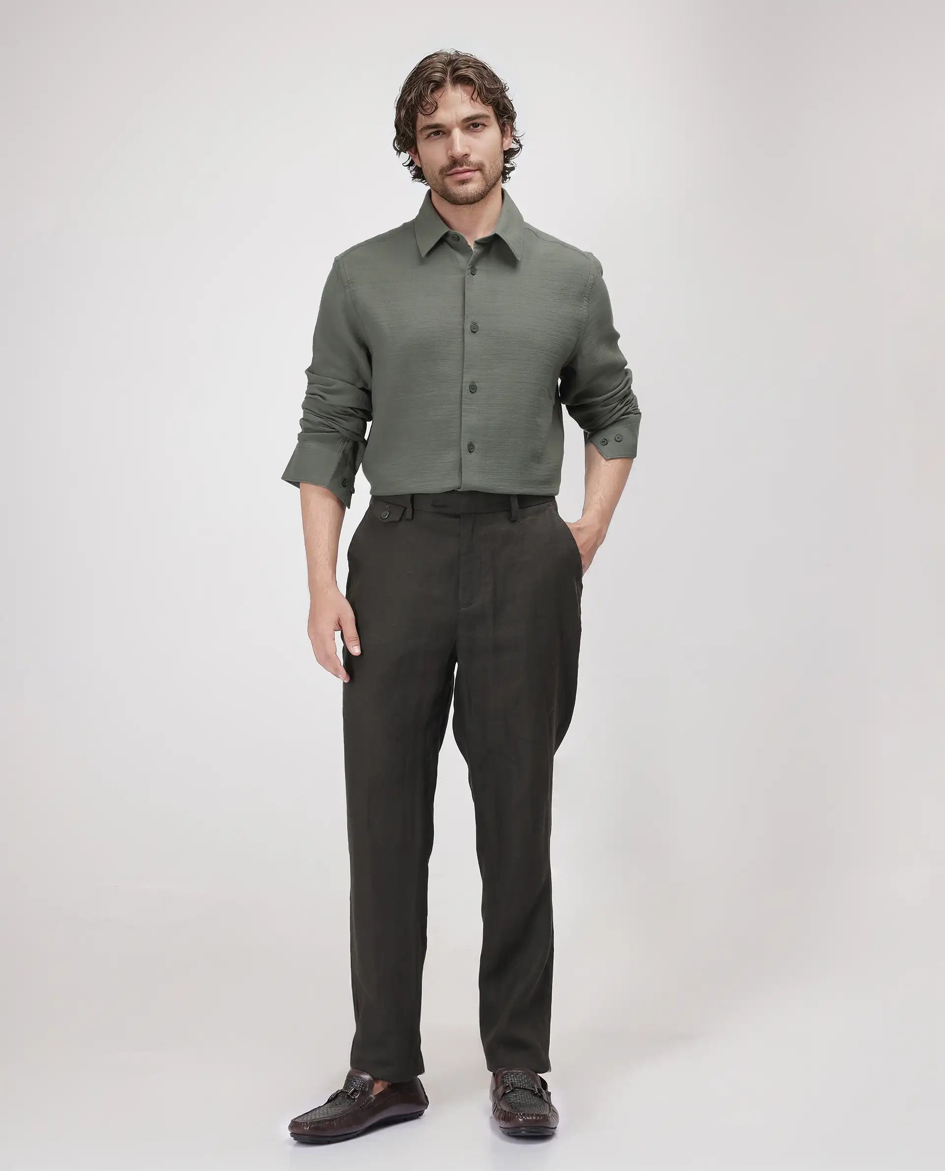 Rare Rabbit Men's Enim Olive Cotton Fabric Full Sleeve Spread Collar Button Closure Plain Shirt