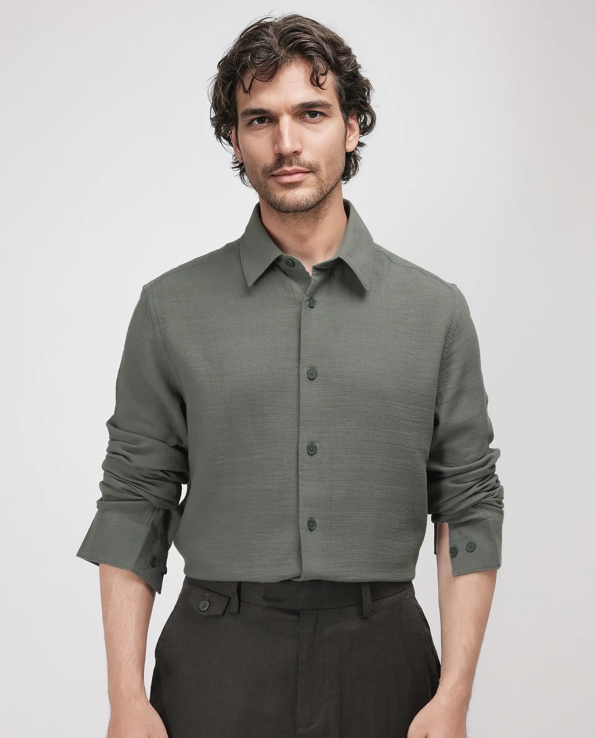 Rare Rabbit Men's Enim Olive Cotton Fabric Full Sleeve Spread Collar Button Closure Plain Shirt