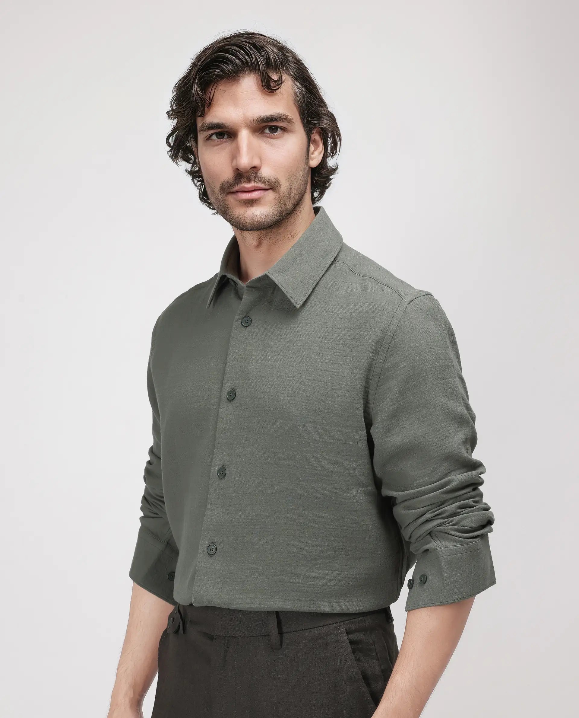 Rare Rabbit Men's Enim Olive Cotton Fabric Full Sleeve Spread Collar Button Closure Plain Shirt