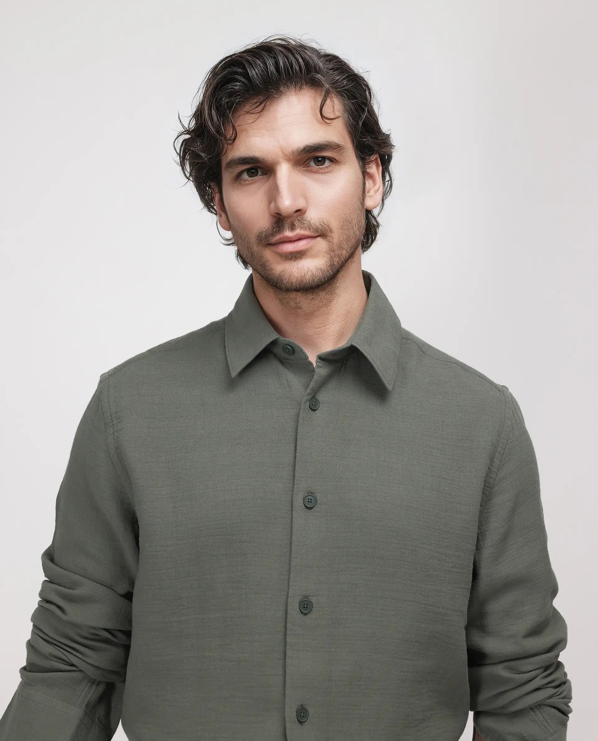 Rare Rabbit Men's Enim Olive Cotton Fabric Full Sleeve Spread Collar Button Closure Plain Shirt