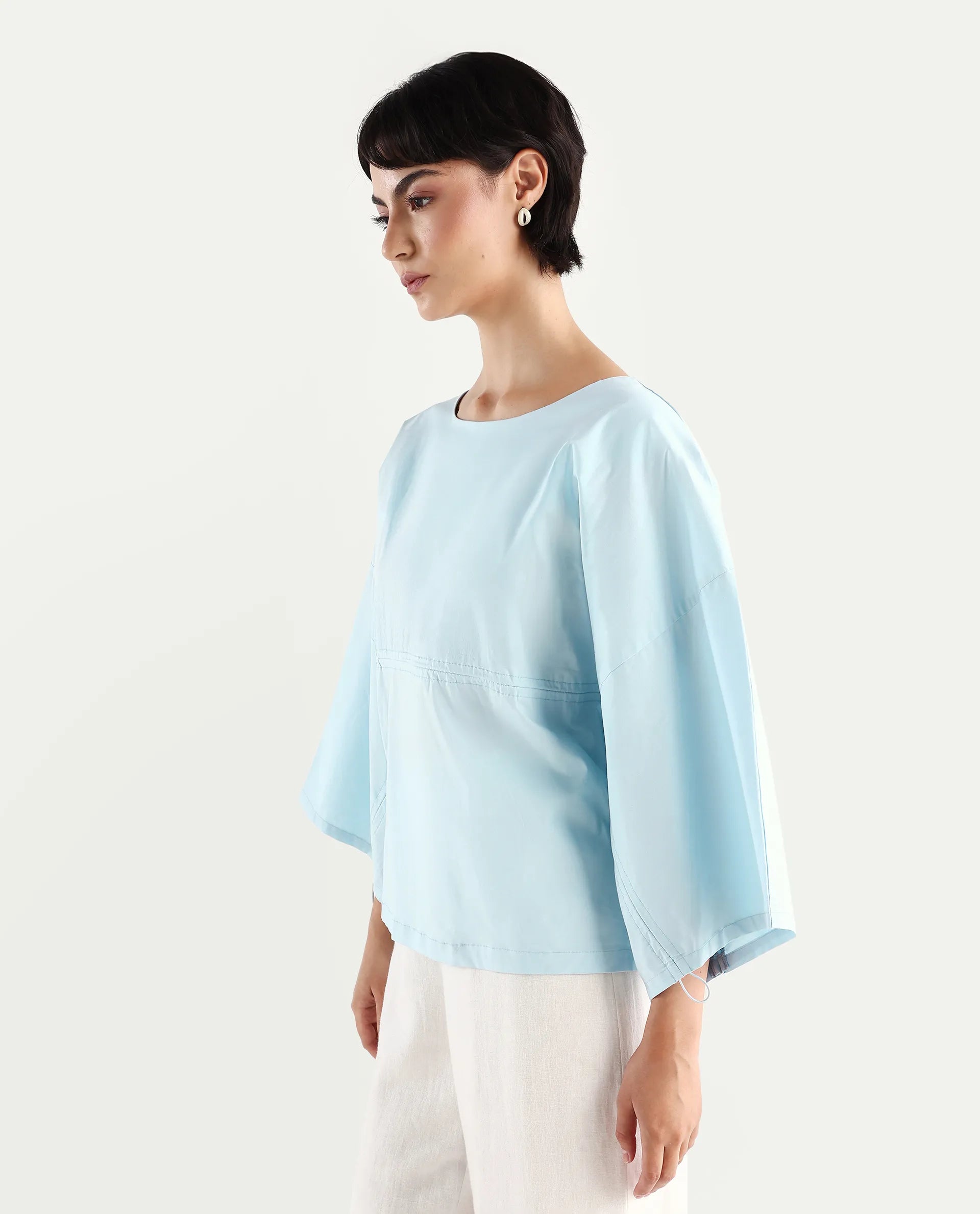 Rareism Women's Eniv Light Blue Cotton Blend Crew Neck Plain Extended Sleeves Regular Fit Top