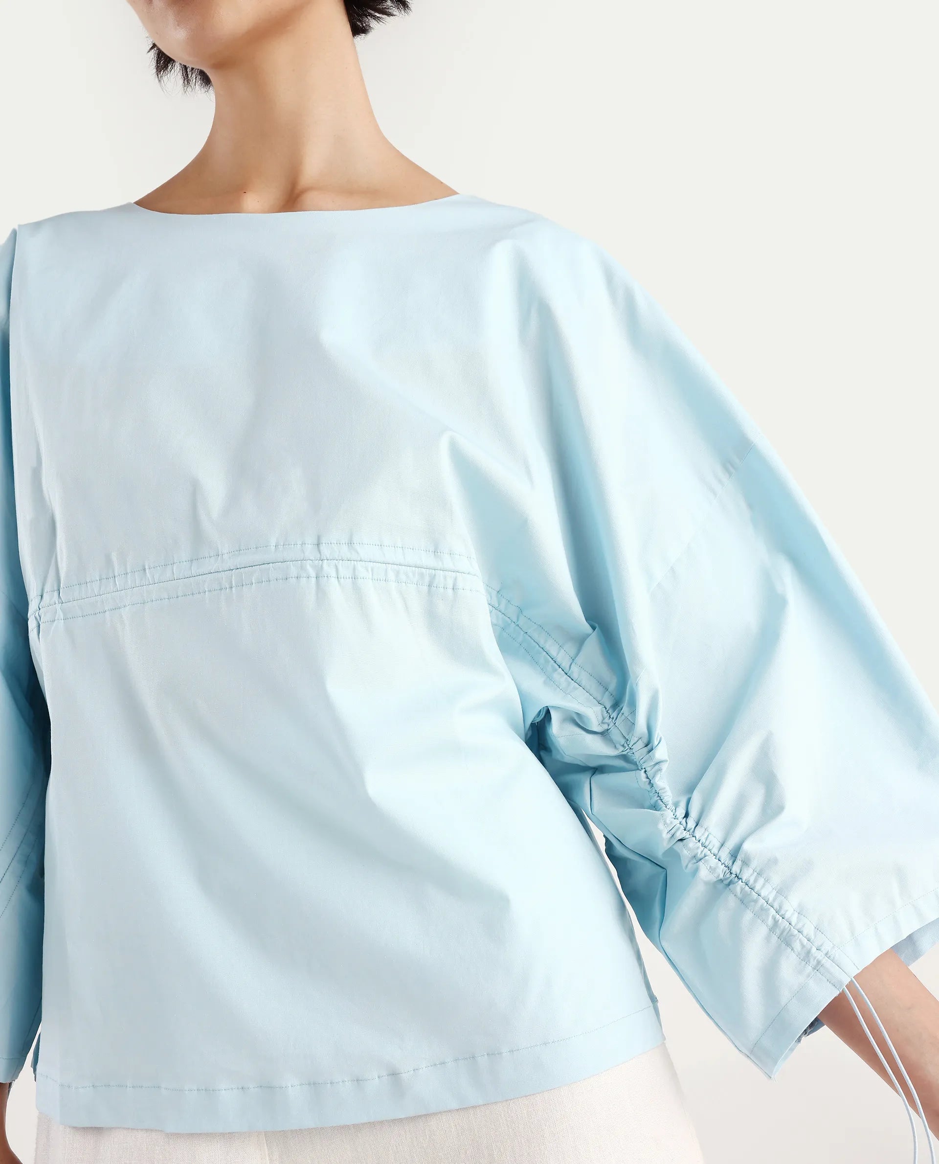 Rareism Women's Eniv Light Blue Cotton Blend Crew Neck Plain Extended Sleeves Regular Fit Top