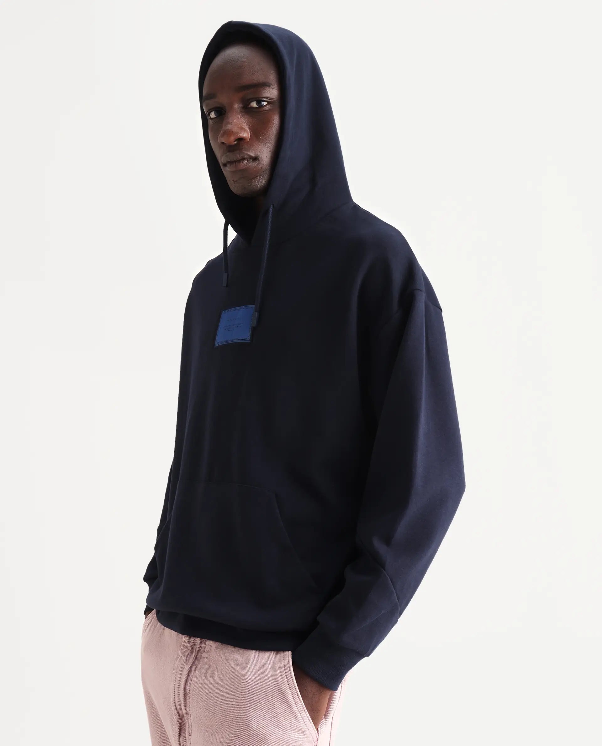 Rare Rabbit Men's Enoch Navy Cotton Blend Plain Boxy Fit Full Sleeve Hooded Sweatshirt