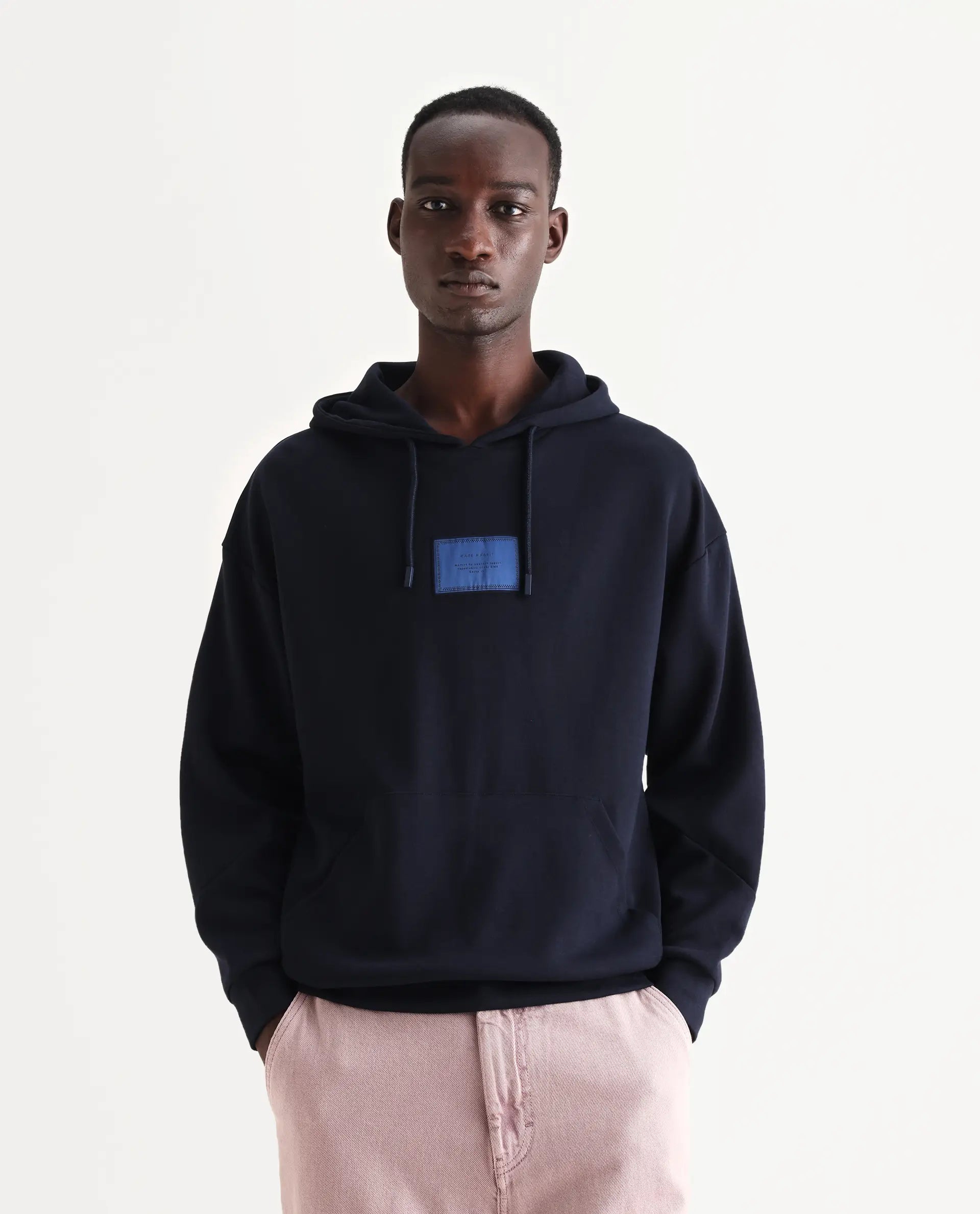 Rare Rabbit Men's Enoch Navy Cotton Blend Plain Boxy Fit Full Sleeve Hooded Sweatshirt