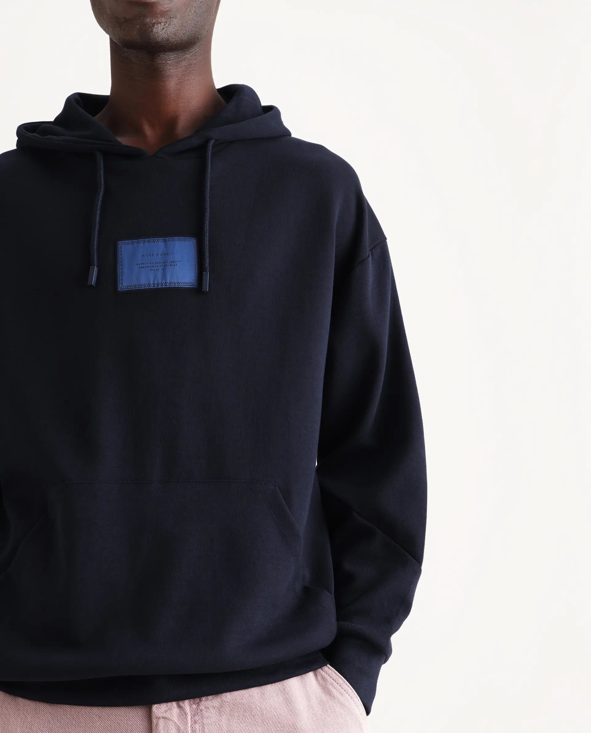 Rare Rabbit Men's Enoch Navy Cotton Blend Plain Boxy Fit Full Sleeve Hooded Sweatshirt