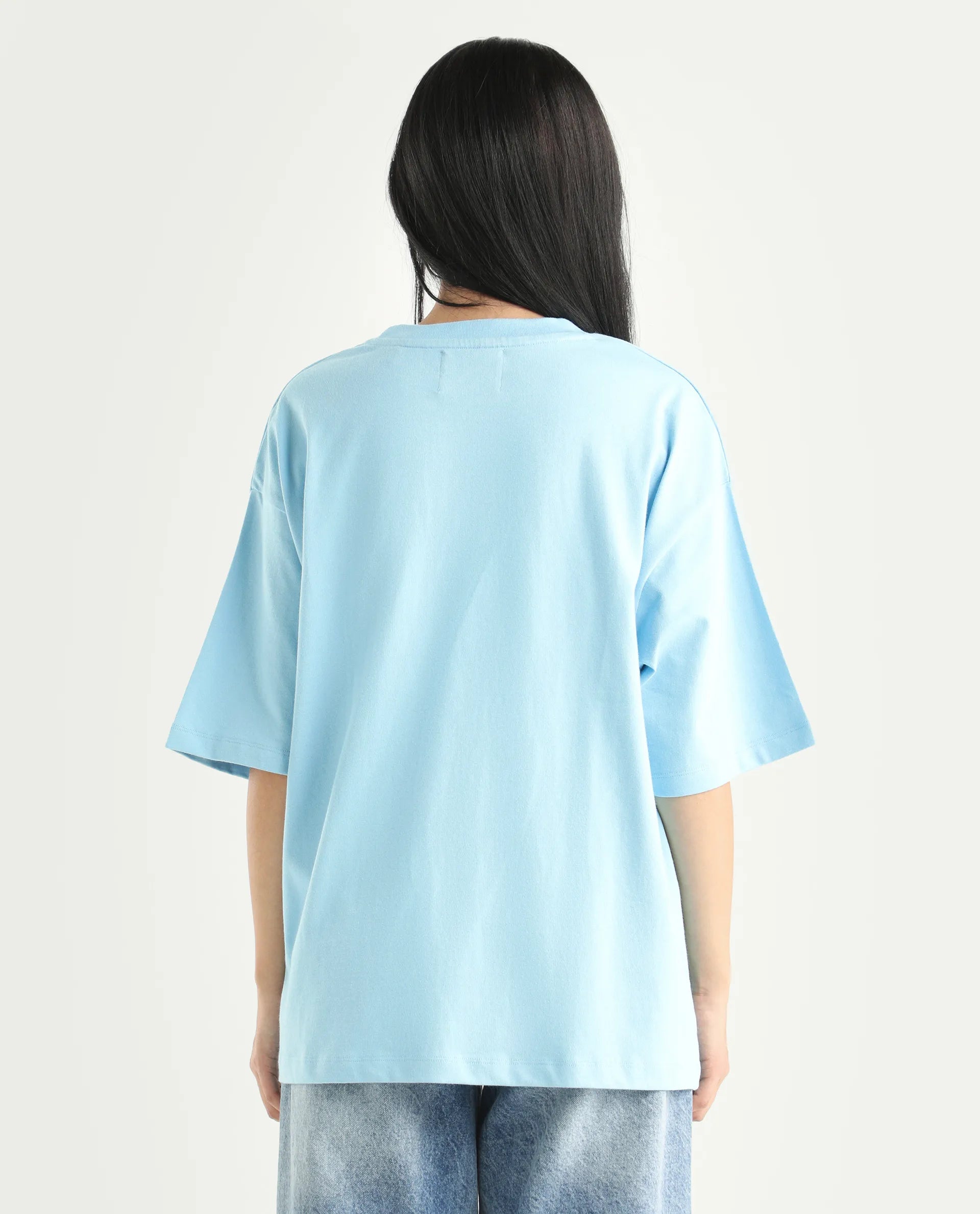 Rareism Women's Enof Blue Cotton Graphic Print Oversized T-Shirt