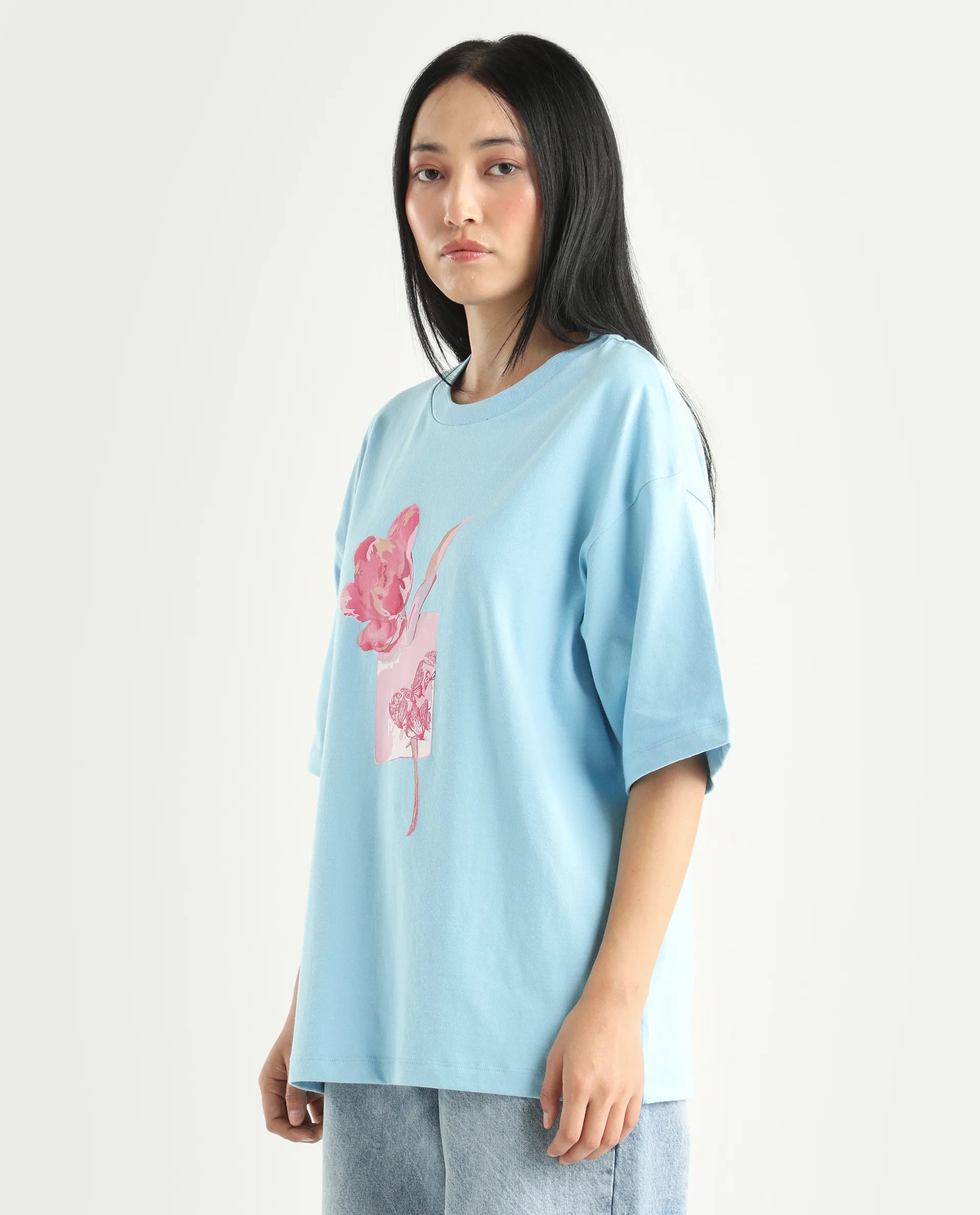 Rareism Women's Enof Blue Cotton Graphic Print Oversized T-Shirt