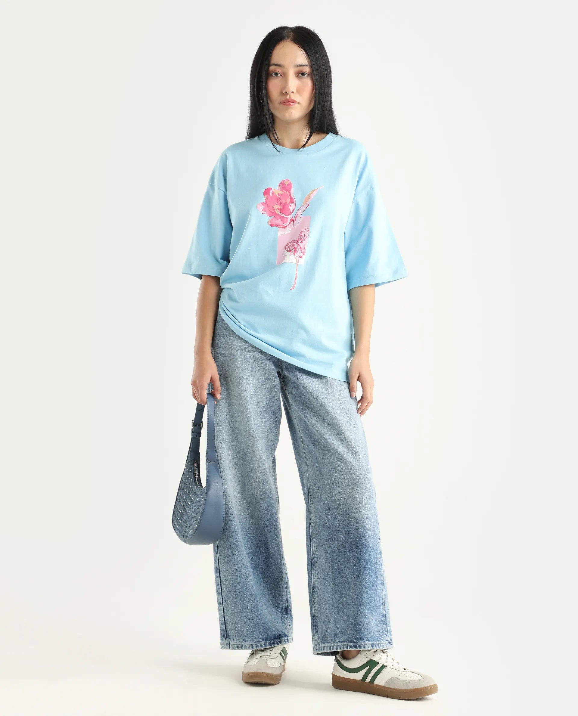 Rareism Women's Enof Blue Cotton Graphic Print Oversized T-Shirt
