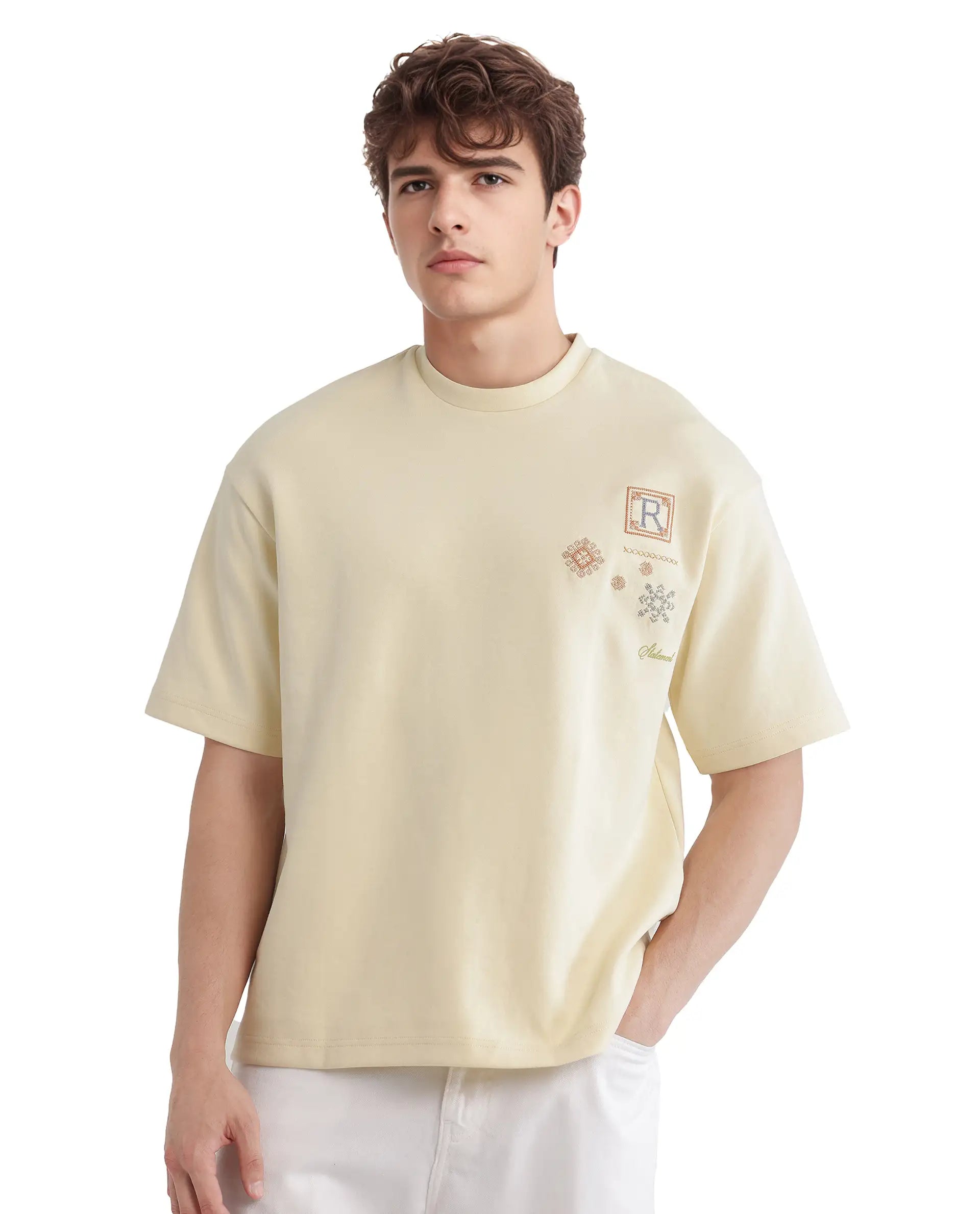 Rare Rabbit Men Enoxo Pastel Yellow Cotton Poly Fabric Short Sleeve Crew Neck Oversized Fit Embroidered T-Shirt