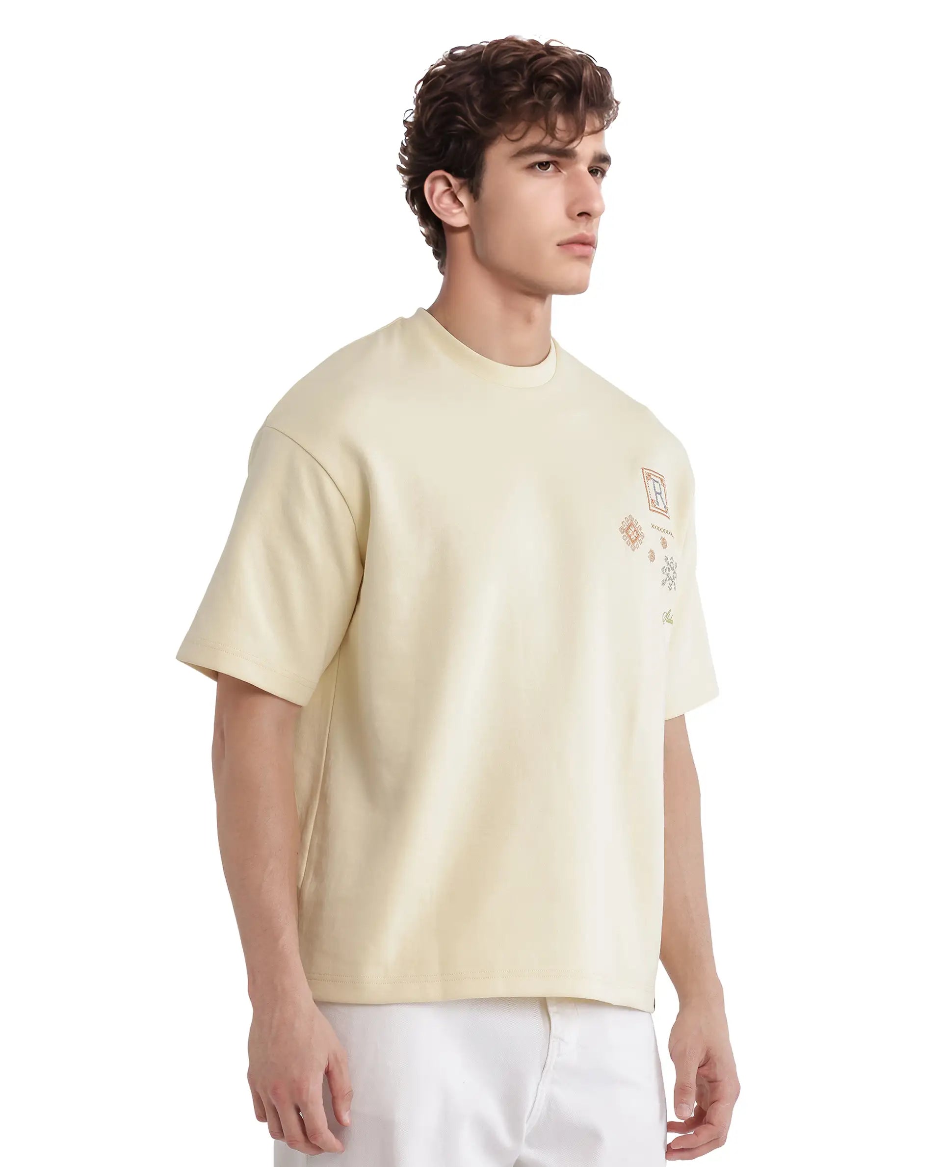 Rare Rabbit Men Enoxo Pastel Yellow Cotton Poly Fabric Short Sleeve Crew Neck Oversized Fit Embroidered T-Shirt