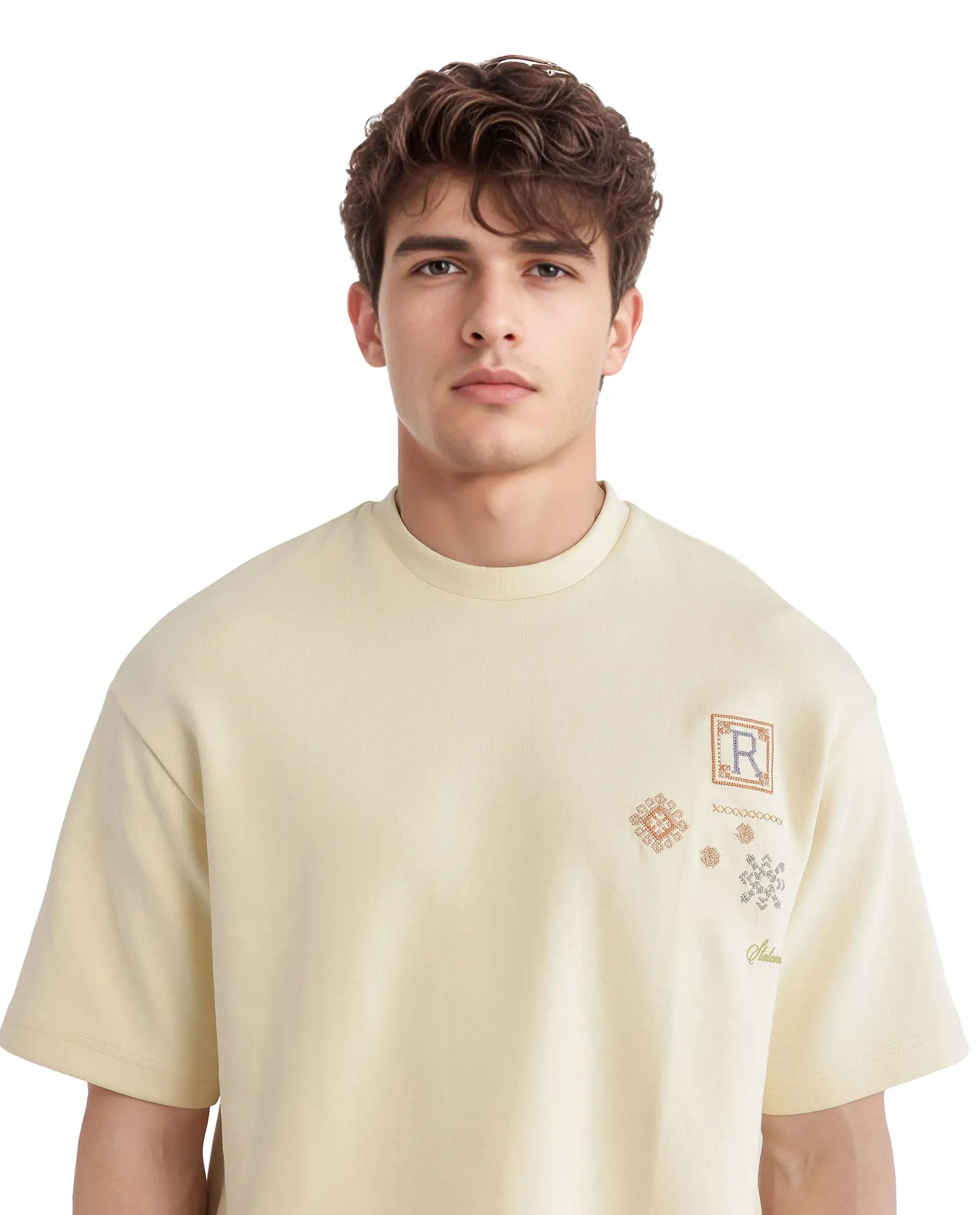 Rare Rabbit Men Enoxo Pastel Yellow Cotton Poly Fabric Short Sleeve Crew Neck Oversized Fit Embroidered T-Shirt