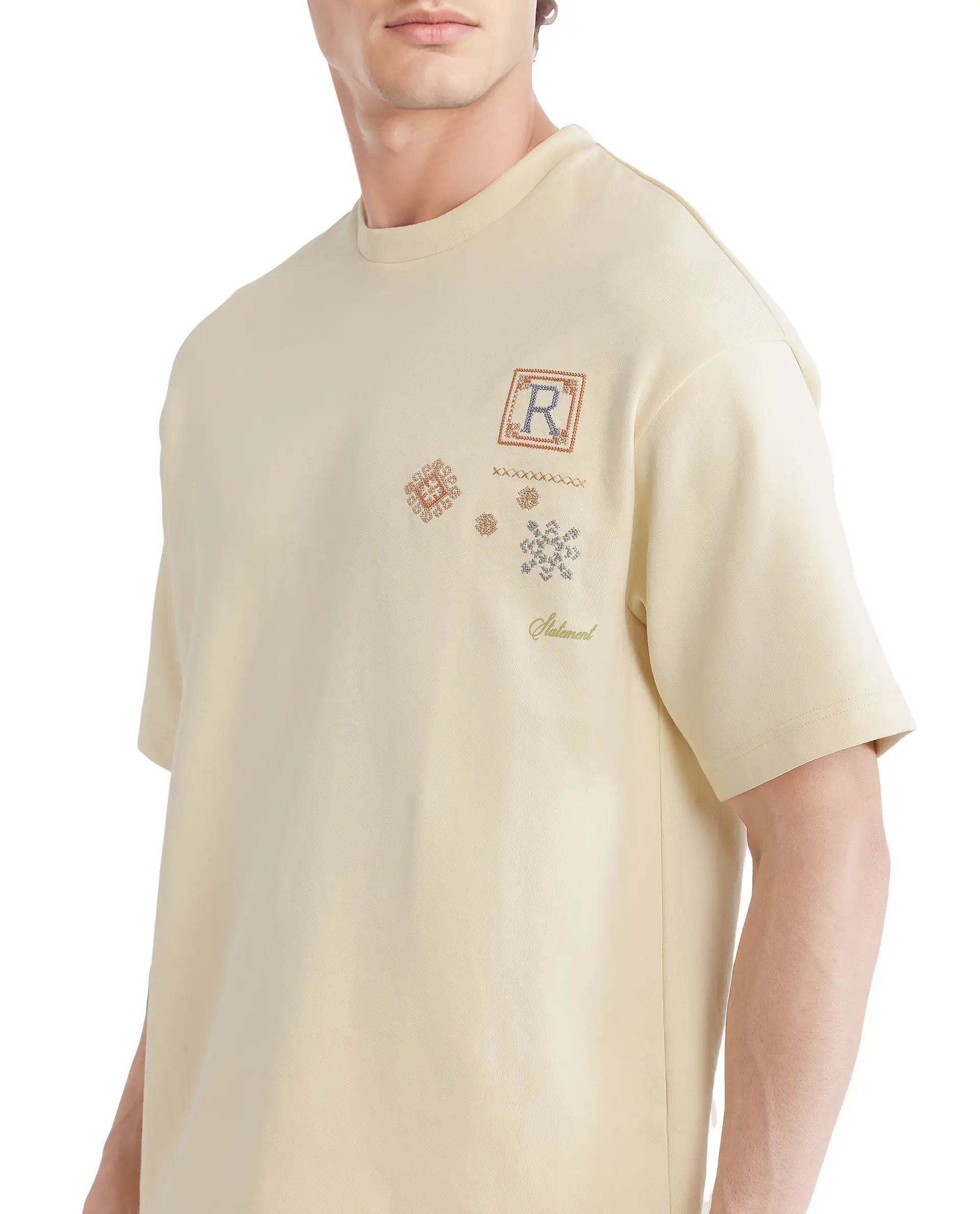 Rare Rabbit Men Enoxo Pastel Yellow Cotton Poly Fabric Short Sleeve Crew Neck Oversized Fit Embroidered T-Shirt