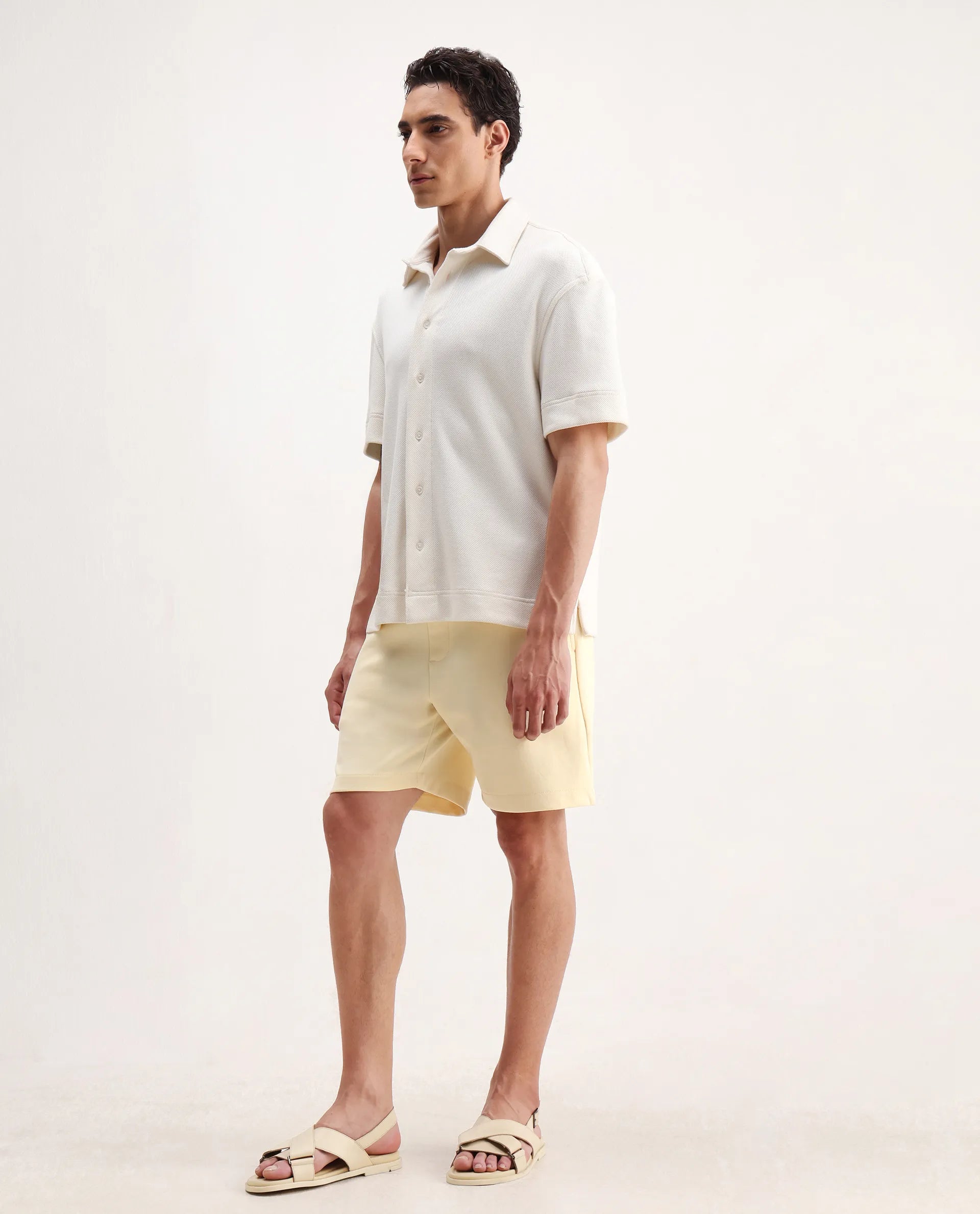 Rare Rabbit Men's Enox Pastel Yellow Cotton Blend Embroidered Regular Fit Shorts
