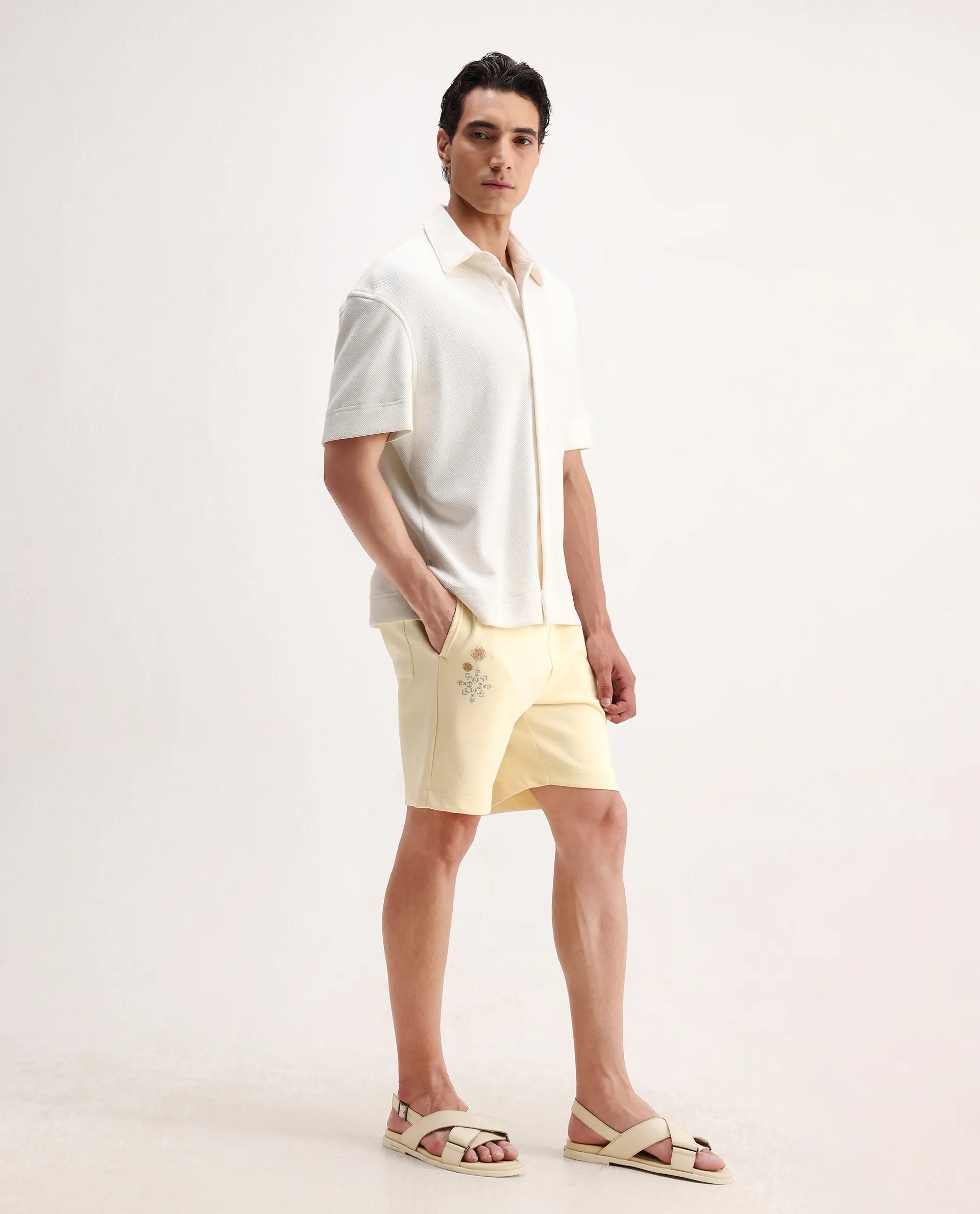 Rare Rabbit Men's Enox Pastel Yellow Cotton Blend Embroidered Regular Fit Shorts