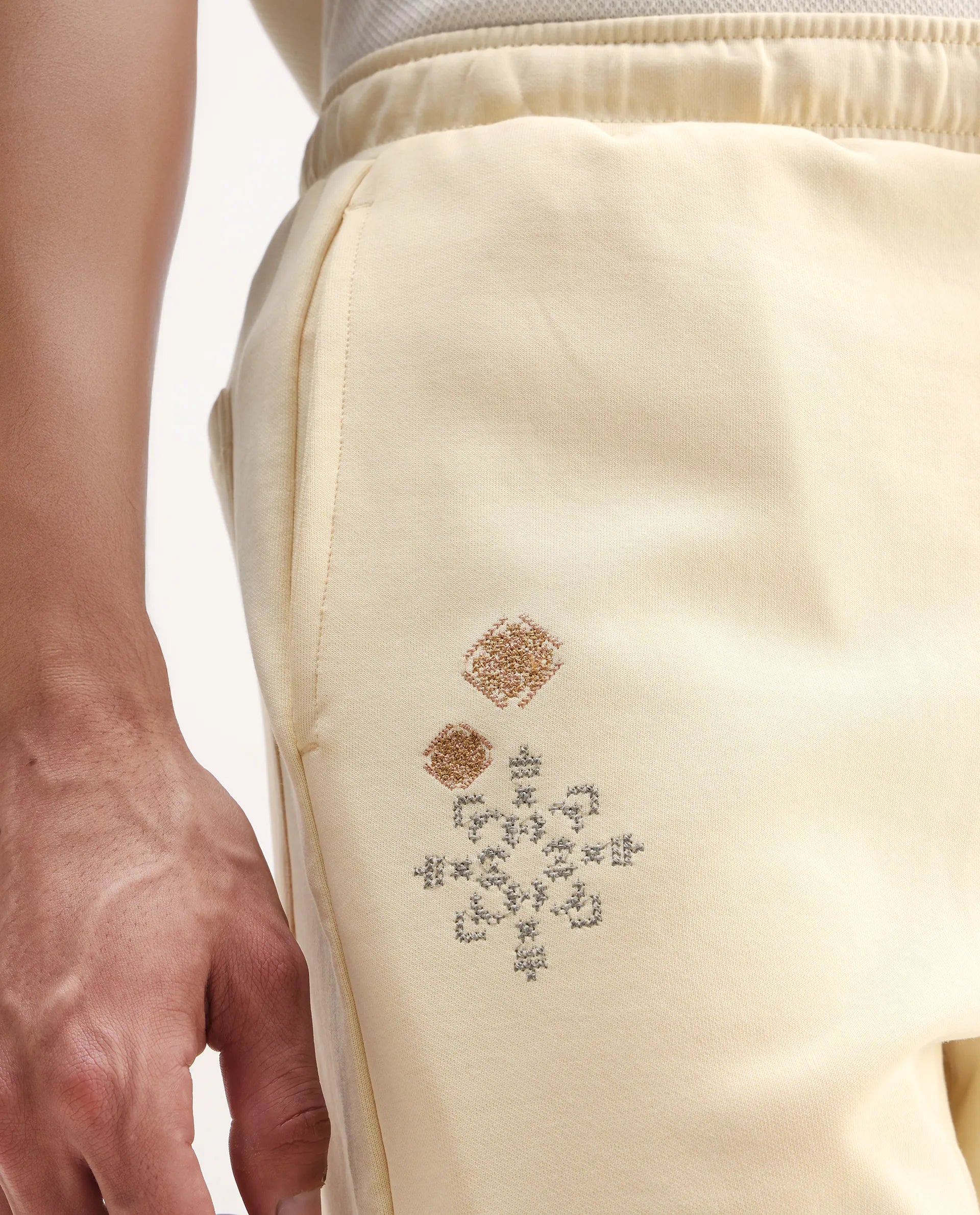 Rare Rabbit Men's Enox Pastel Yellow Cotton Blend Embroidered Regular Fit Shorts