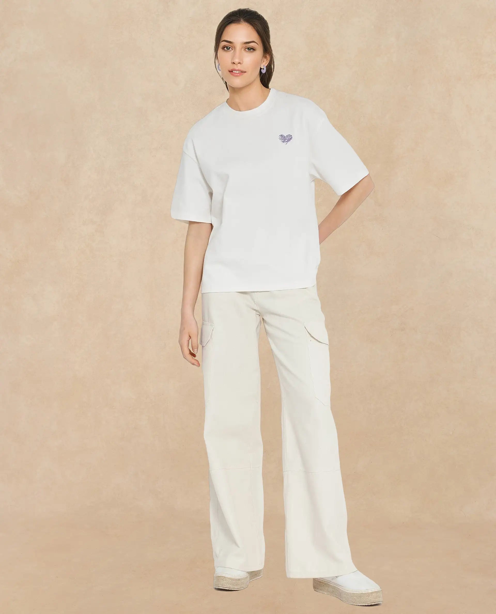 Rareism Women Enrique Off White Cotton Fabric Short Sleeve Crew Neck Solid T-Shirt