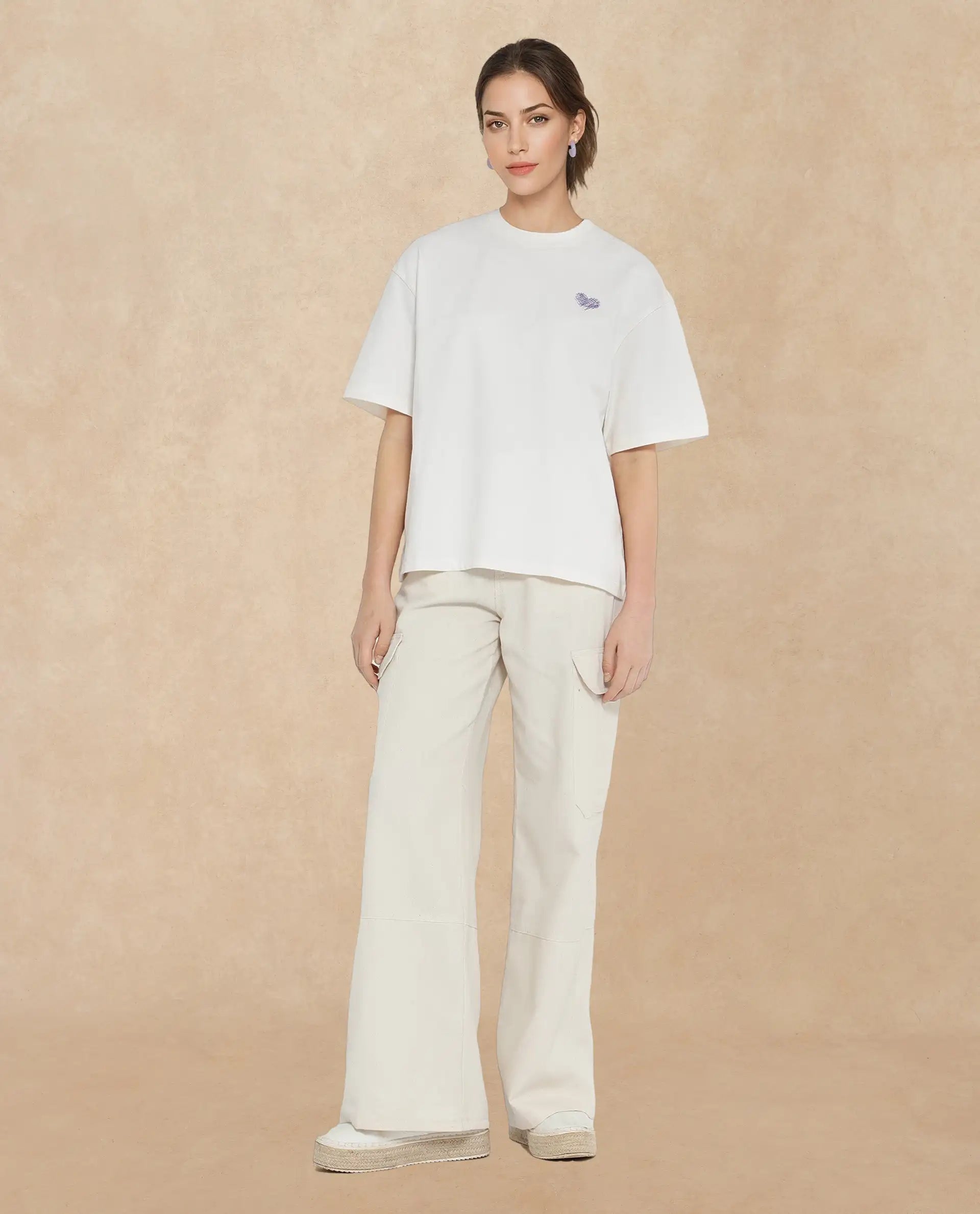 Rareism Women Enrique Off White Cotton Fabric Short Sleeve Crew Neck Solid T-Shirt