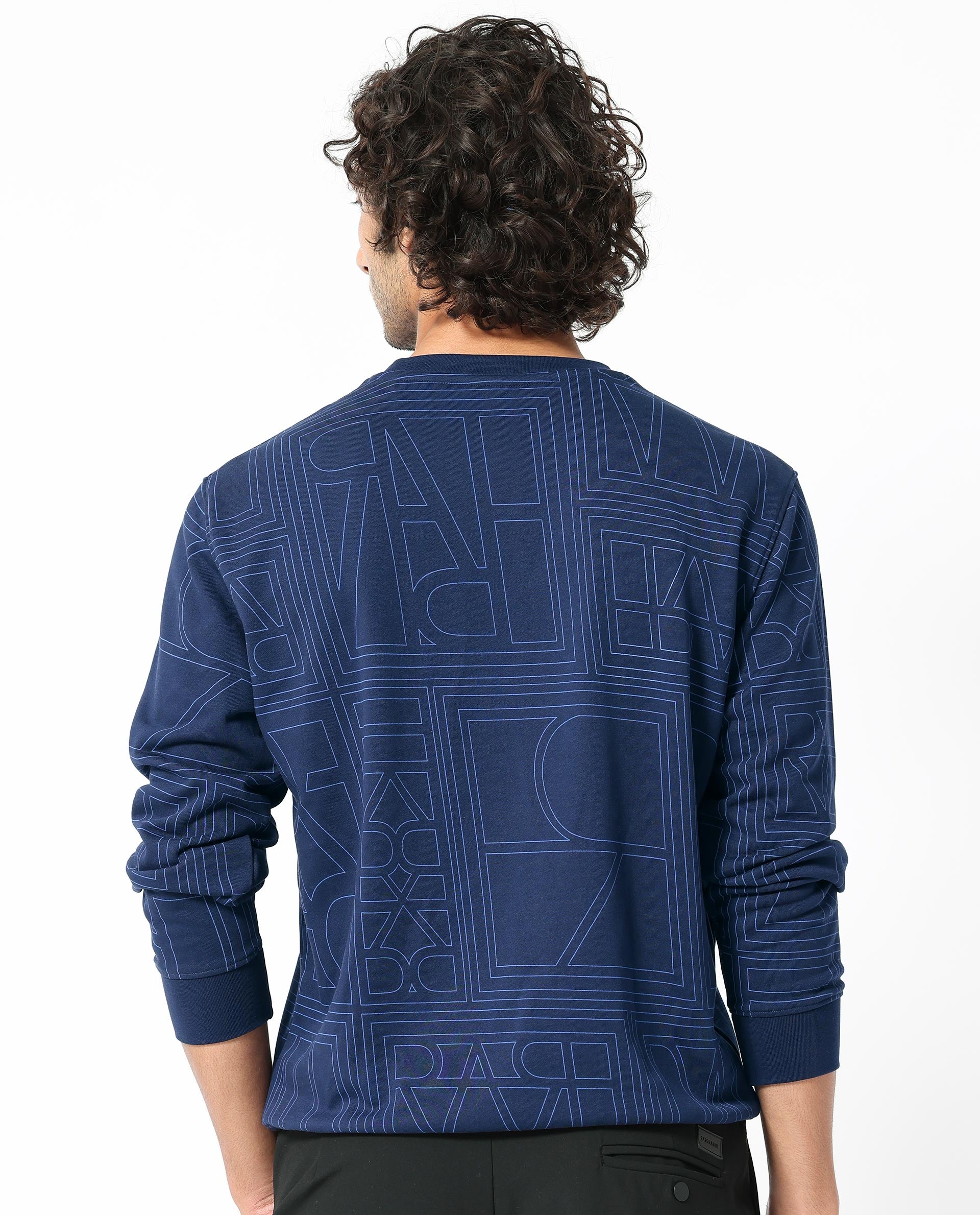 Rare Rabbit Men's Ensign Navy Cotton Polyester Fabric Full Sleeves Monogram Print Sweatshirt