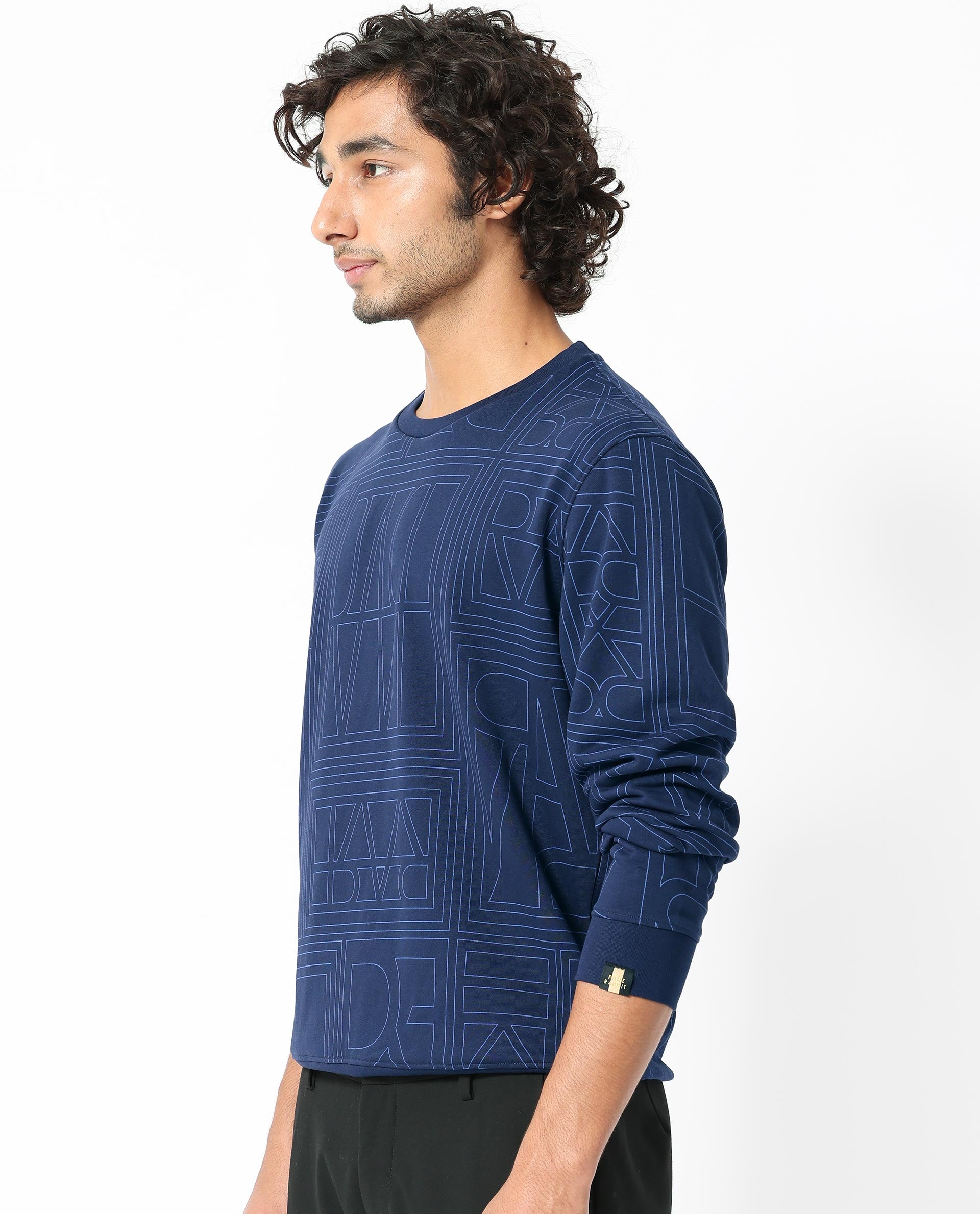 Rare Rabbit Men's Ensign Navy Cotton Polyester Fabric Full Sleeves Monogram Print Sweatshirt