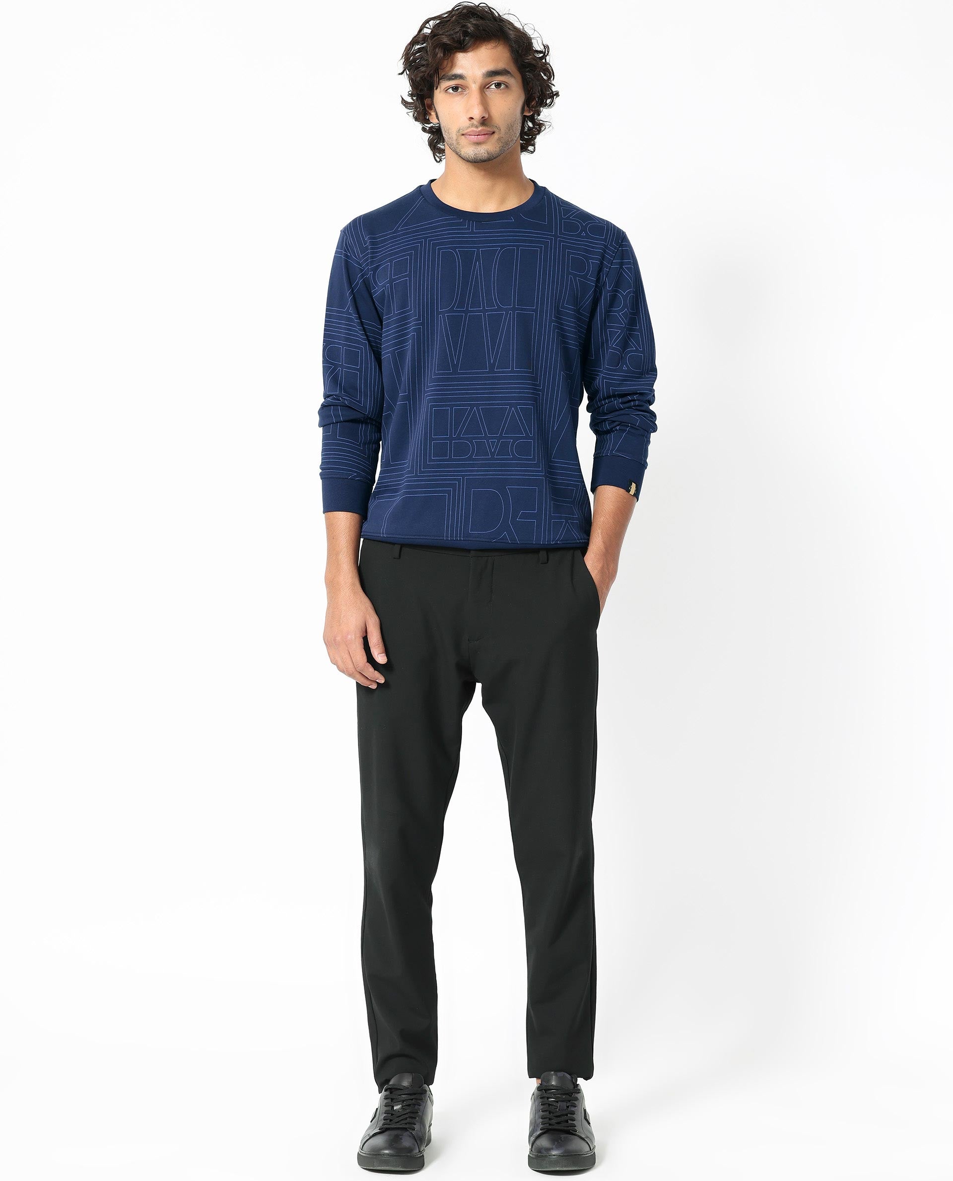 Rare Rabbit Men's Ensign Navy Cotton Polyester Fabric Full Sleeves Monogram Print Sweatshirt